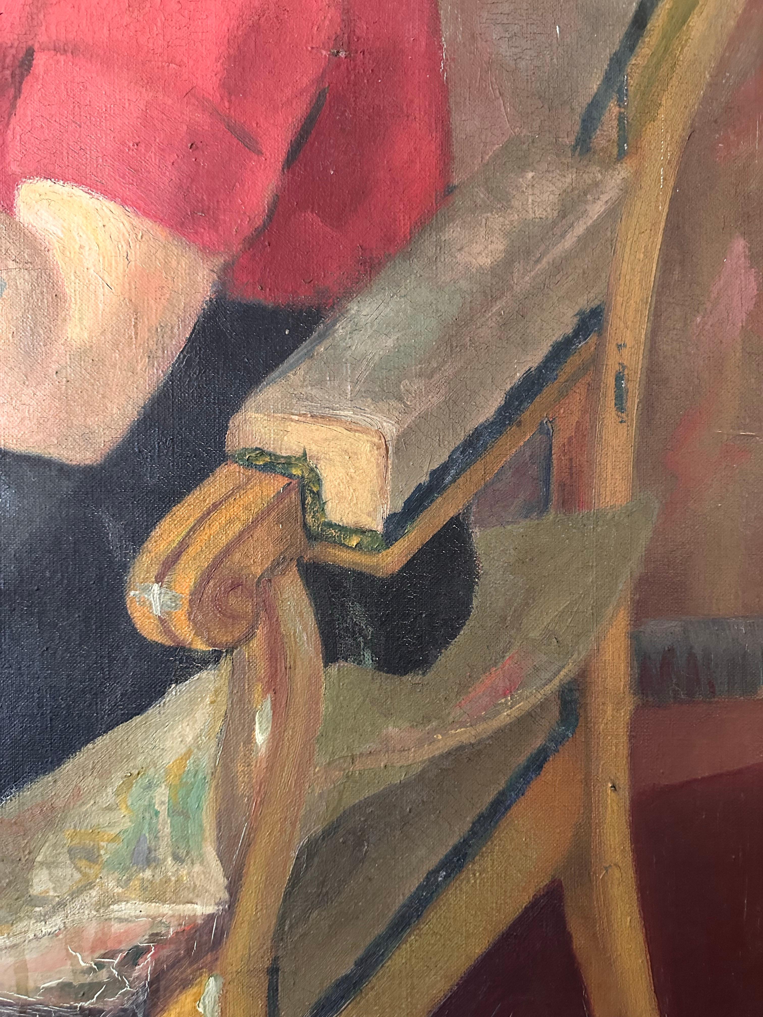 Enorme óleo francés de los años 50 firmado Young Lady Knitting in Interior Room - Painting de Emile Courtin