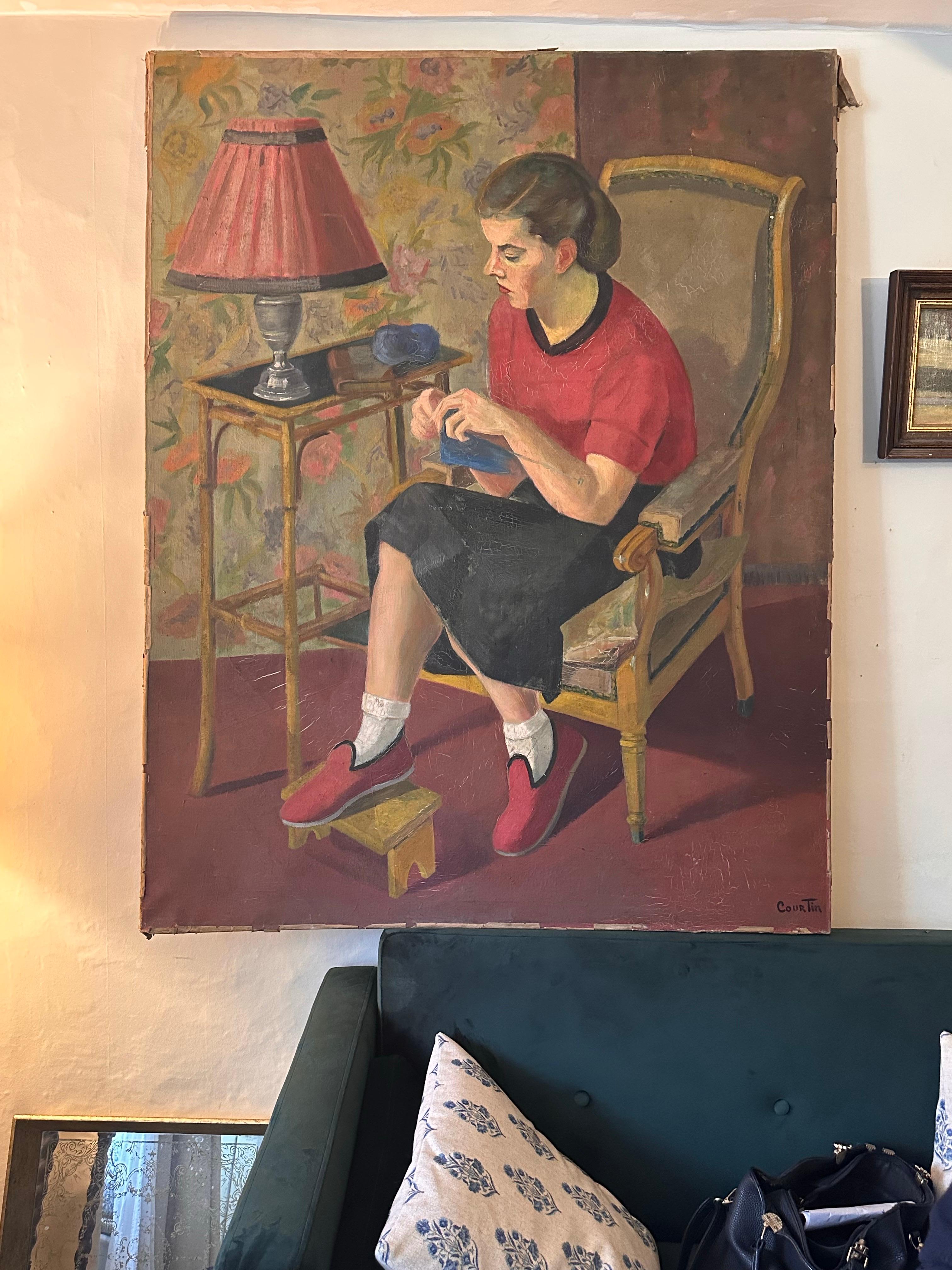 Dama Tejiendo en Interior
de Emile Courtin (francés 1923-1997)
firmado esquina inferior derecha
pintura al óleo sobre lienzo, sin enmarcar
tamaño del lienzo: 57,5 x 45,5 pulgadas
estado: en general bueno y sano, algunas ampollas/roturas en la