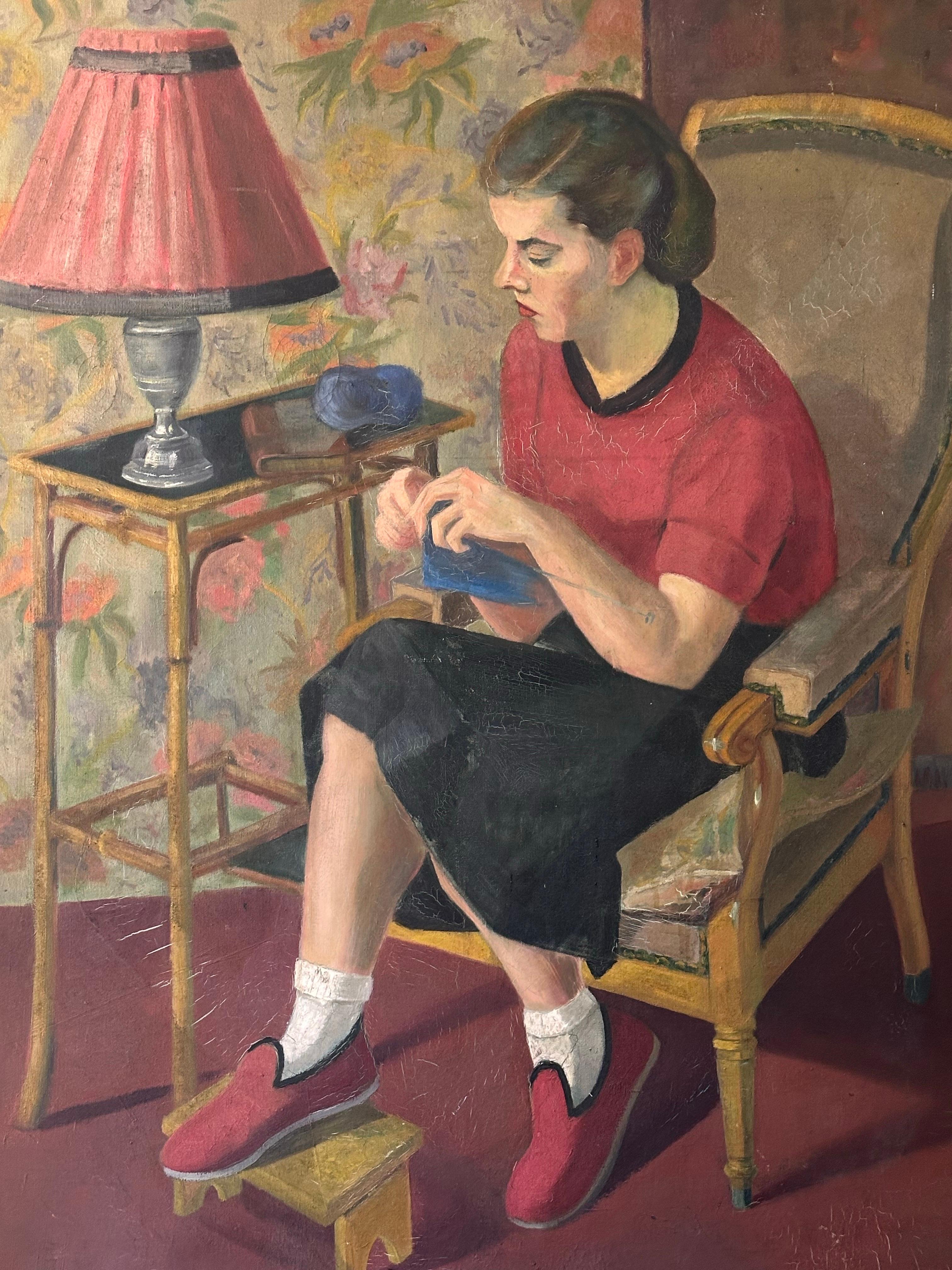 Enorme óleo francés de los años 50 firmado Young Lady Knitting in Interior Room en venta 3