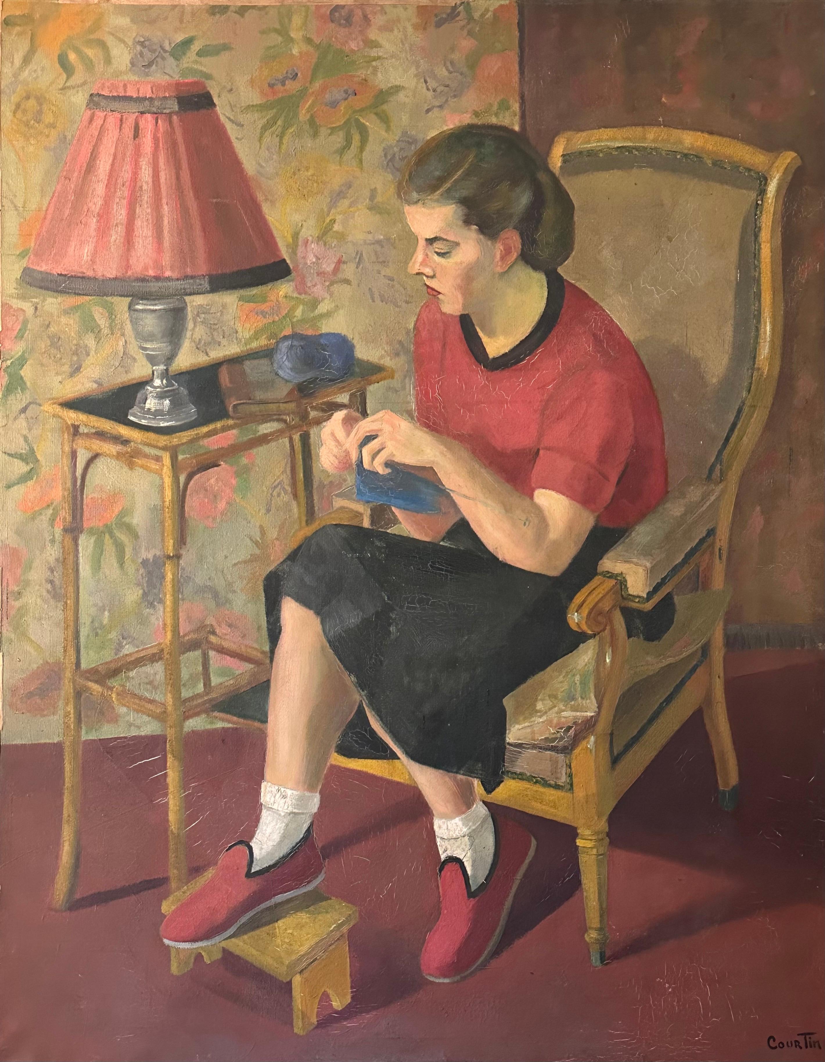 Interior Painting de Emile Courtin - Enorme óleo francés de los años 50 firmado Young Lady Knitting in Interior Room