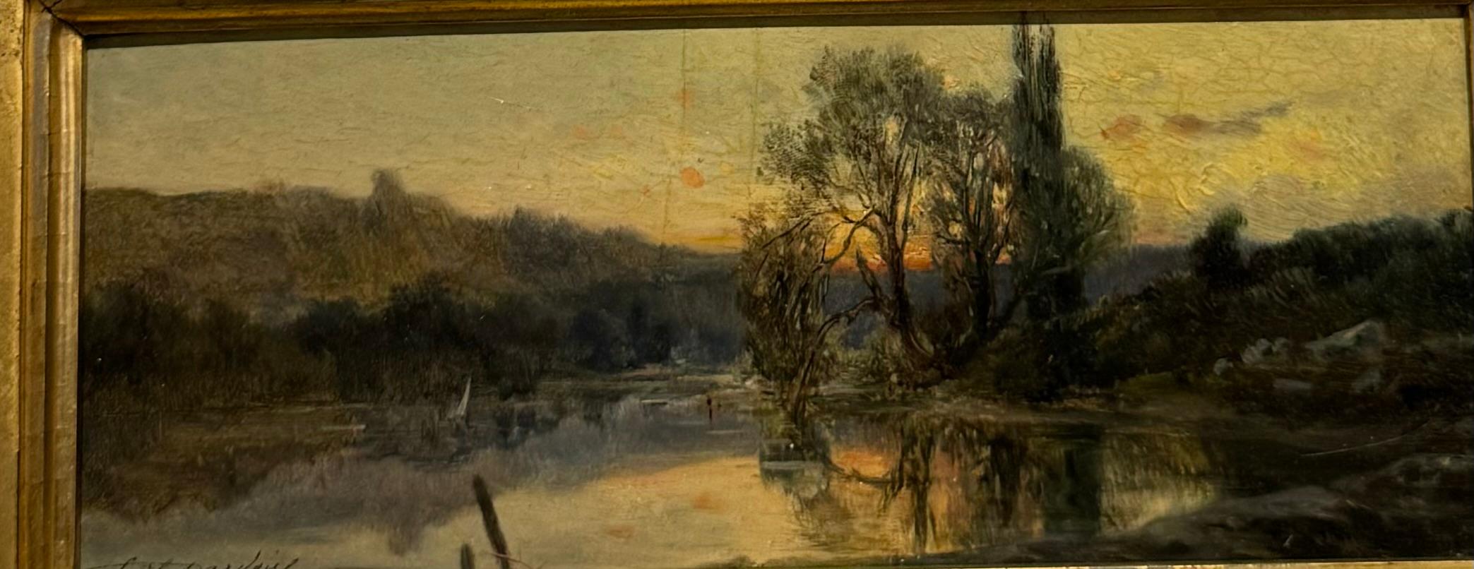 BELLE EPOQUE Antique French Landscape BOSTON Label  INCREDIBLE FRAME - Barbizon School Painting by Emile Dardoize