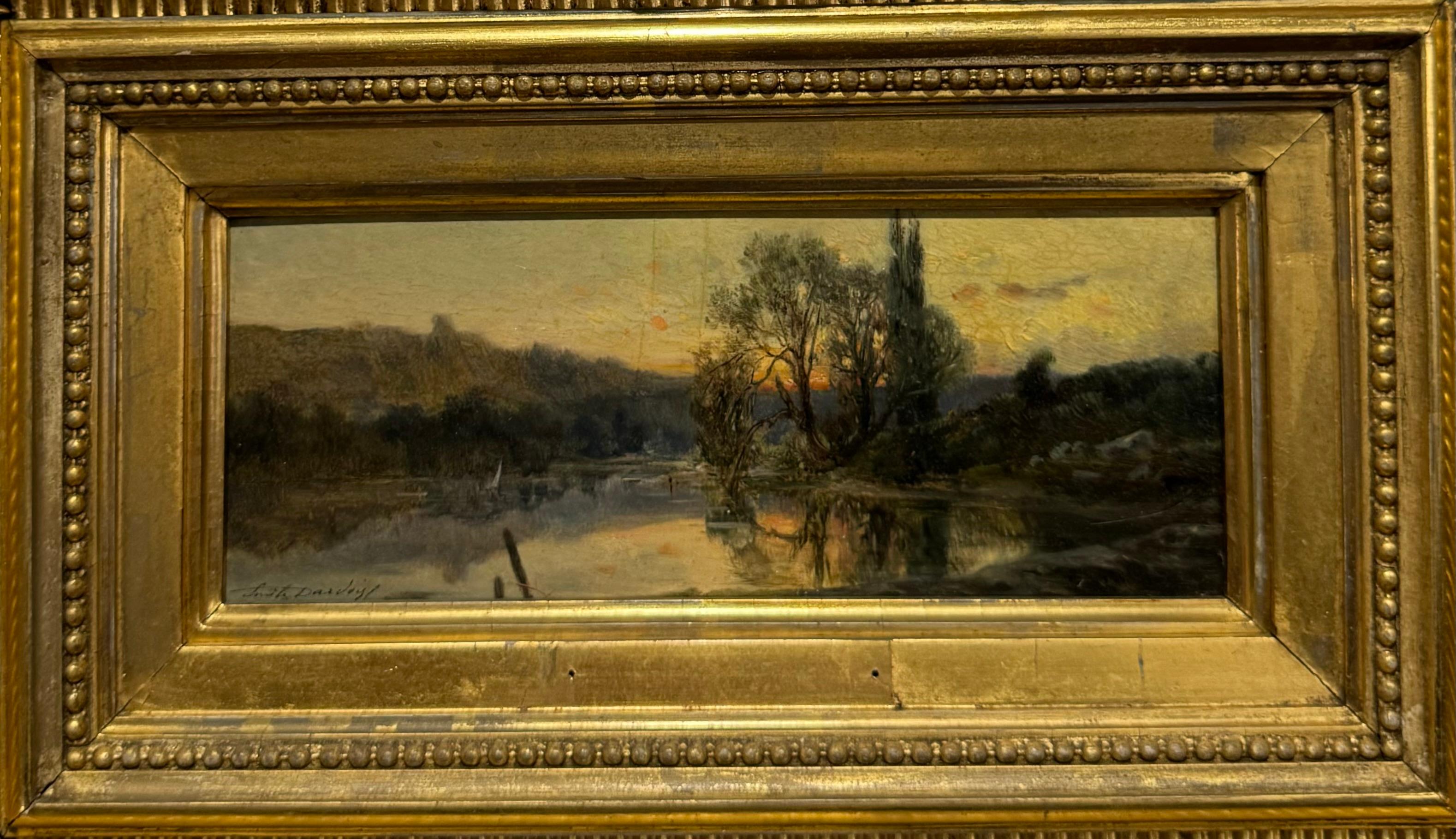 BELLE EPOQUE Antique French Landscape BOSTON Label  INCREDIBLE FRAME - Brown Landscape Painting by Emile Dardoize