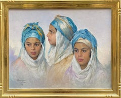 Il copricapo blu, ritratto di gruppo, pittura a olio orientalista, firmata e datata