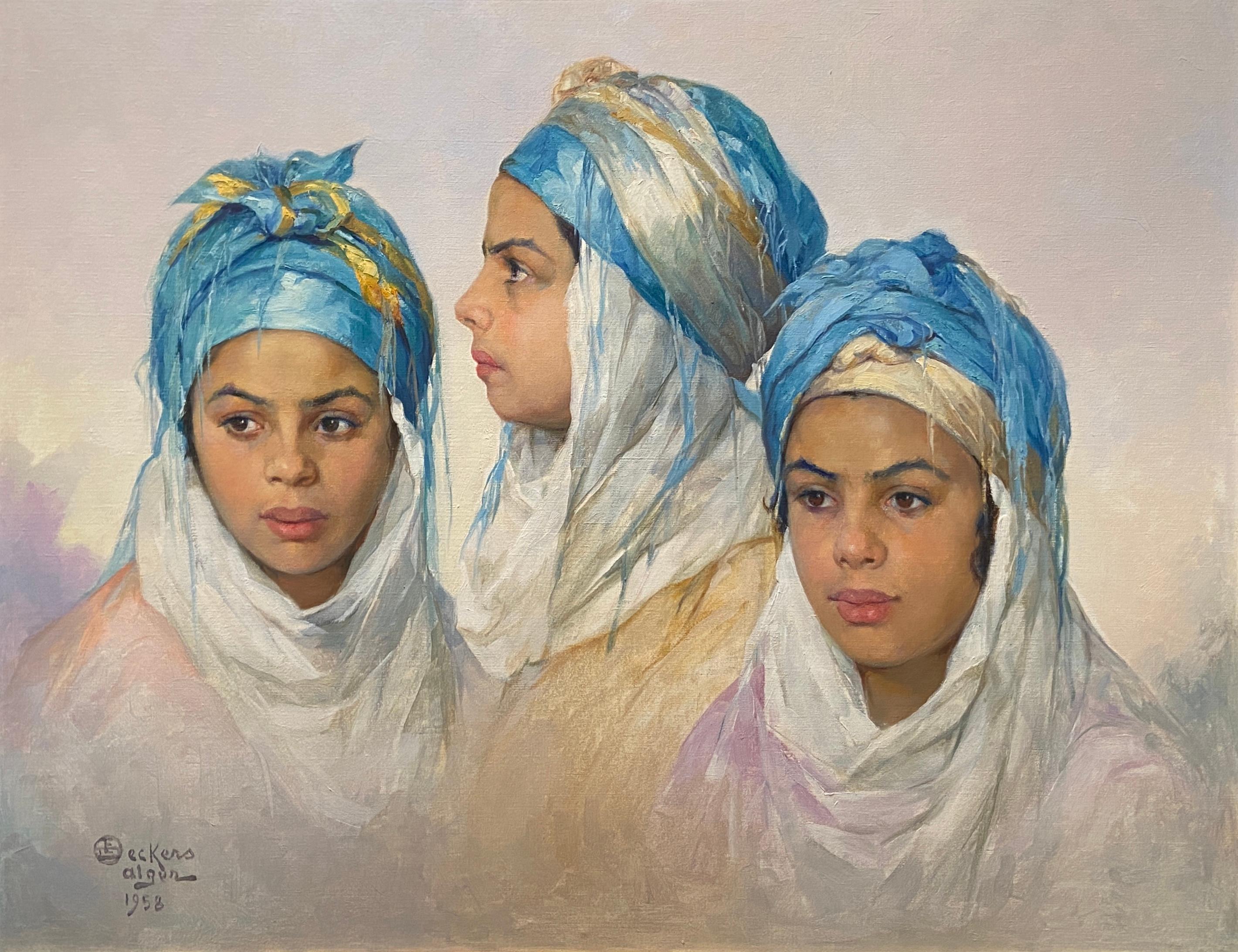 Emile Deckers Portrait Painting - The Blue Headdress, Group Portrait Orientalist Oil Painting, Signed and Dated