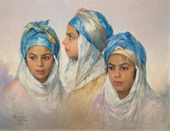 The Blue Headdress, Group Portrait Orientalist Oil Painting, Signed and Dated