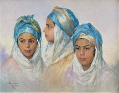 Il copricapo blu, ritratto di gruppo, pittura ad olio orientalista, firmata e datata