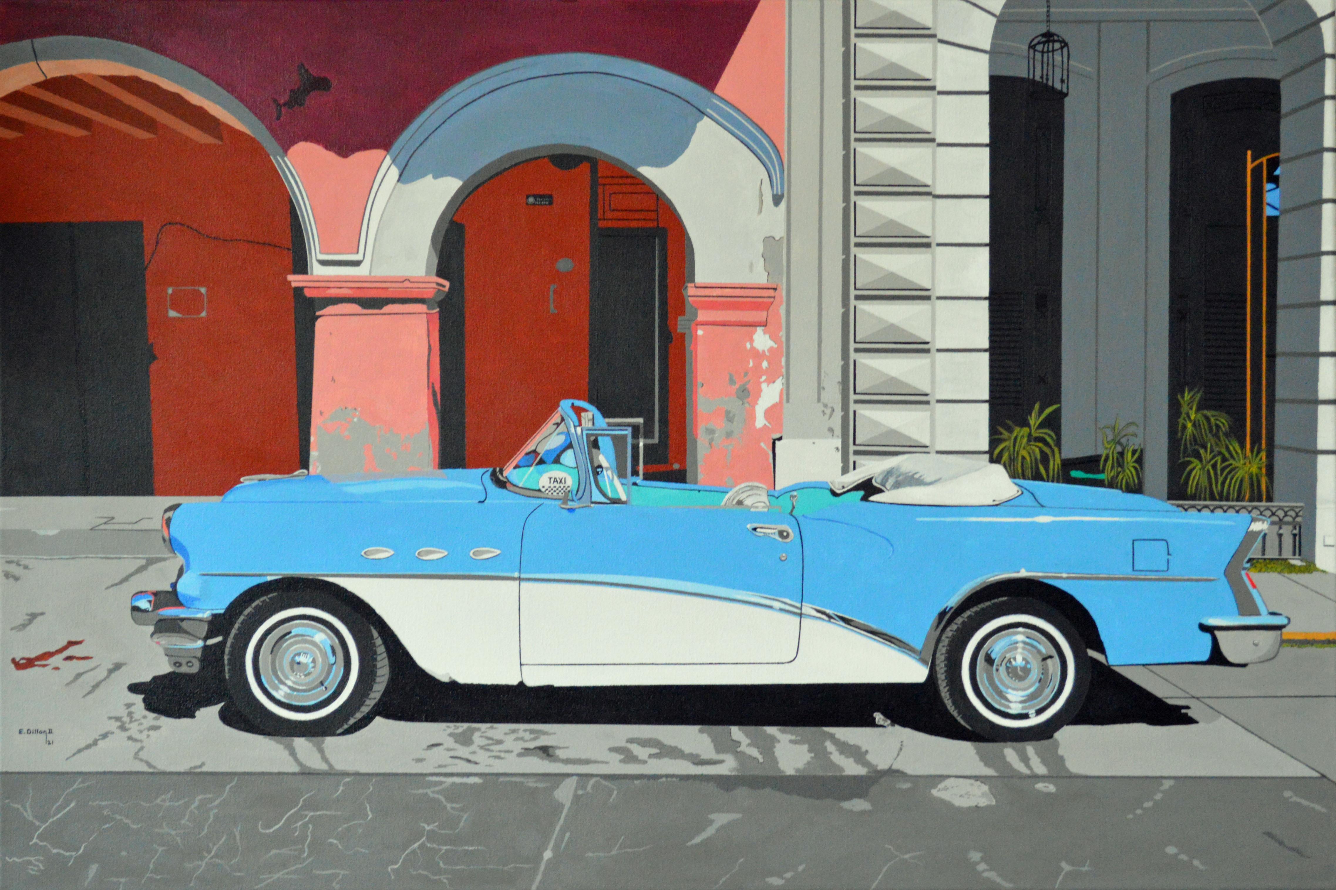 Still-Life Painting Emile Dillon - Voiture bleue à La Havane