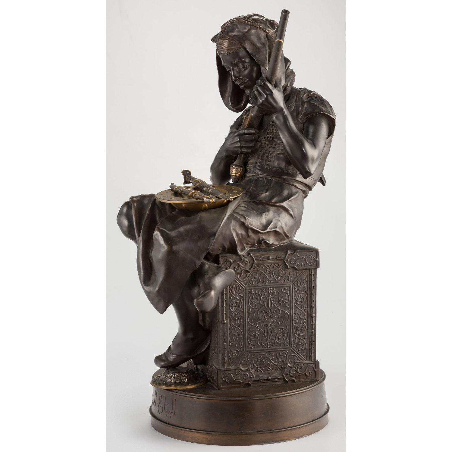Émile-Edmond Peynot, (French, 1850 -1932)

An exceptional, exquisite and rare orientalist bronze sculpture titled Albaya' El Tunsi / The Tunisian Merchant / The Arab rifleman. 

Depicting a young Arab cleaning his flintlock pistol. 

Size: 26