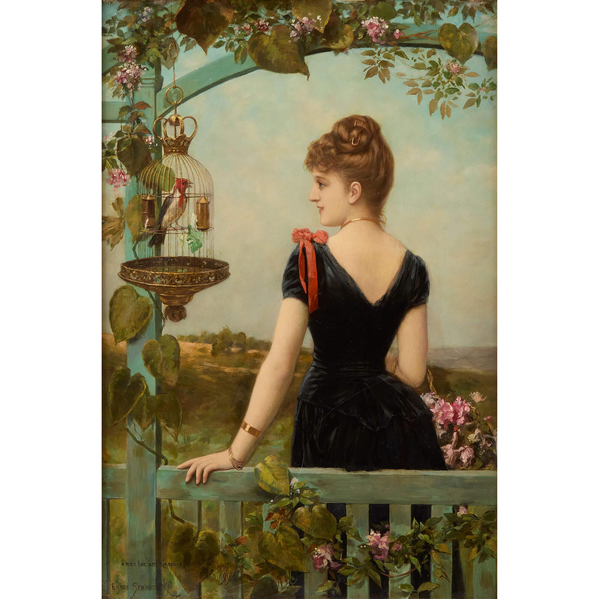 19th Century French Oil Painting of a Lady and a Parrot by Semenowsky - Brown Portrait Painting by Émile Eisman-Semenowsky