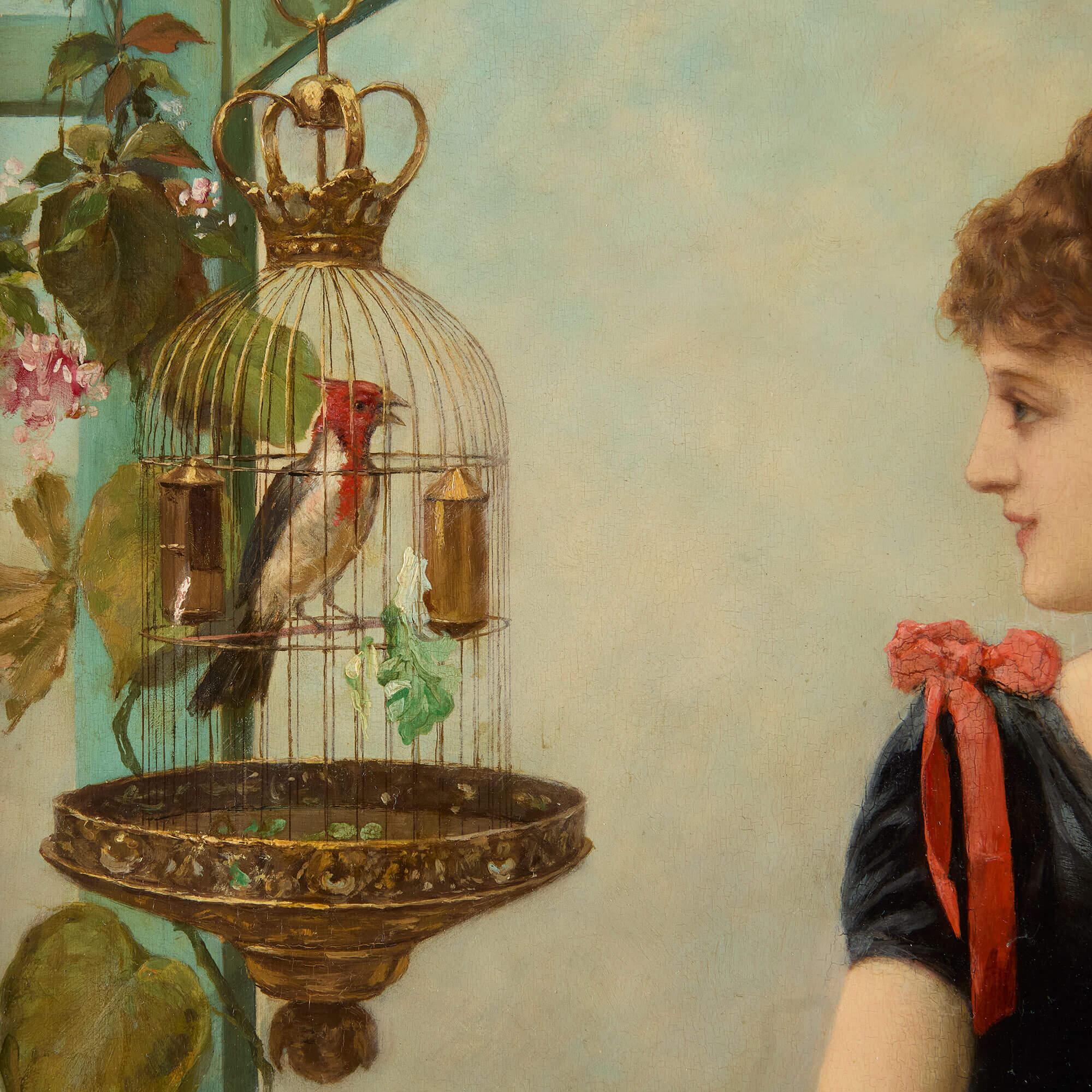 19th century French oil painting of a lady and a parrot by Semenowsky
French, 1891
Panel: Height 56cm, width 38cm
Frame: Height 68cm, width 49.5cm, width 3cm

This wonderful oil on panel is by the renowned Polish/Russian artist, Emile