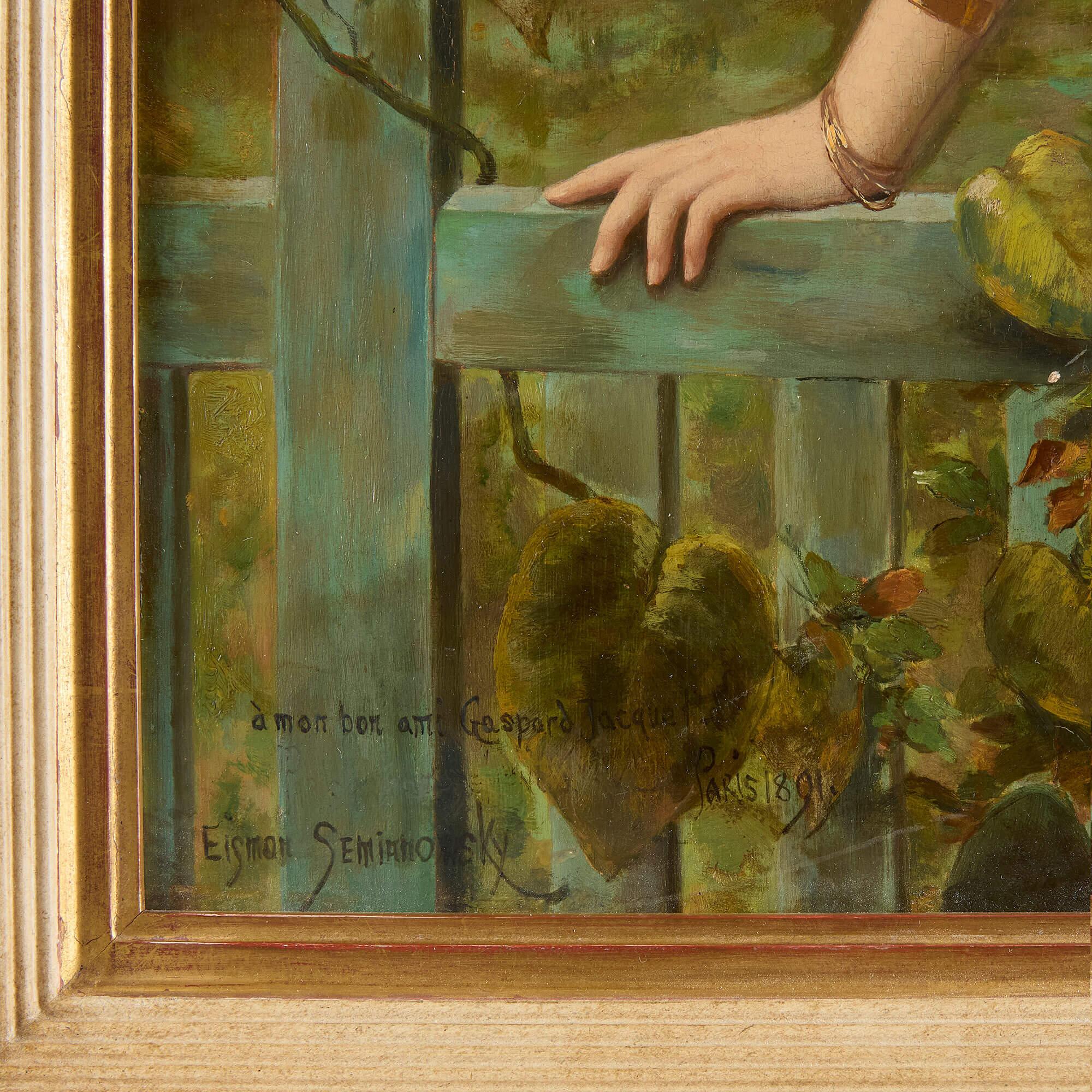 19th Century French Oil Painting of a Lady and a Parrot by Semenowsky For Sale 1