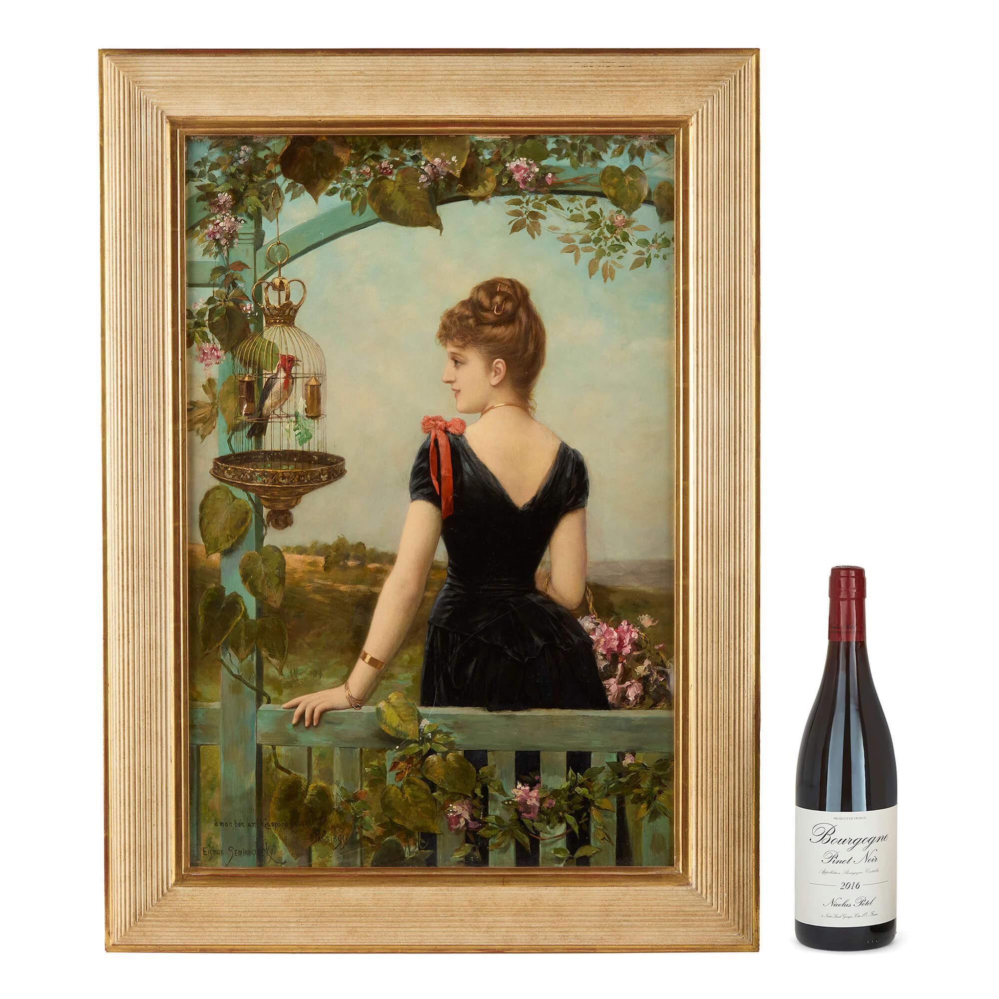 19th Century French Oil Painting of a Lady and a Parrot by Semenowsky For Sale 2