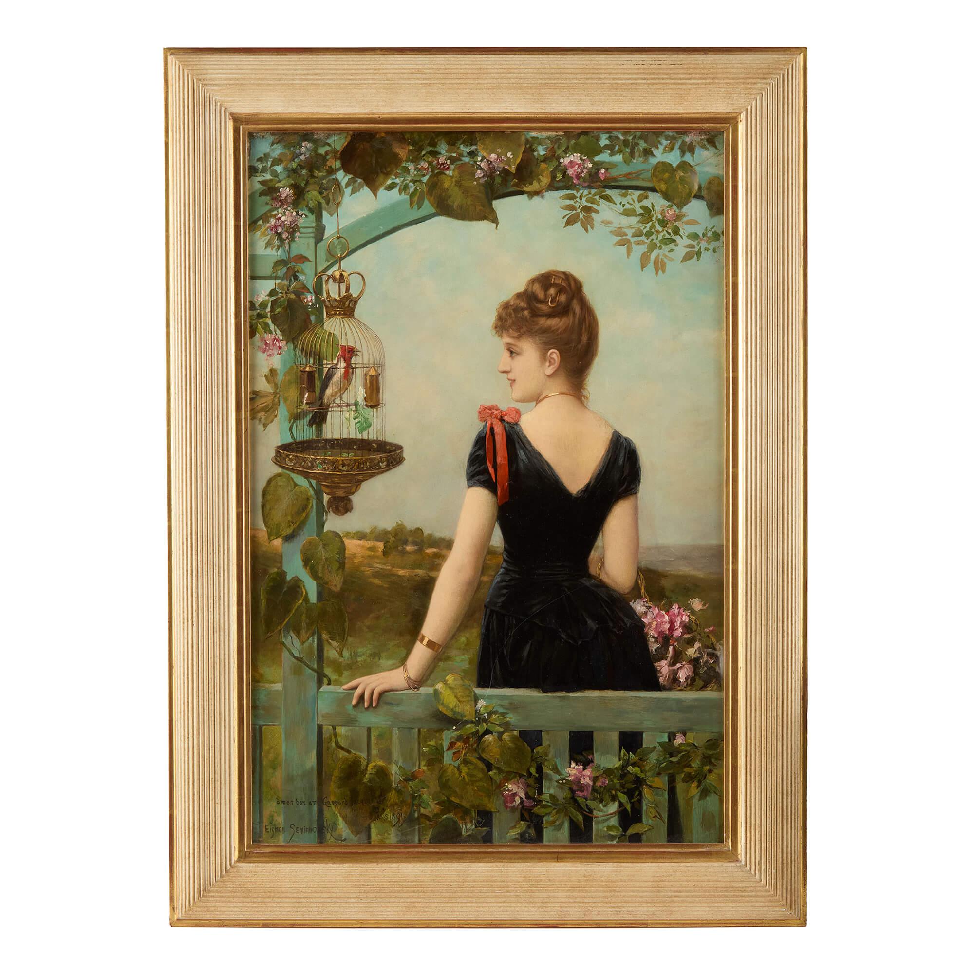 Dipinto a olio francese del XIX secolo raffigurante una signora e un pappagallo di Semenowsky