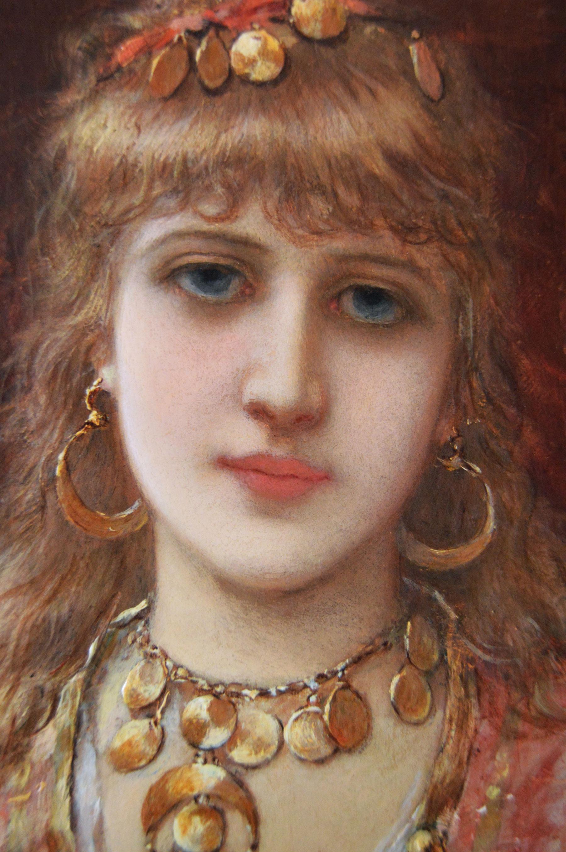 Émile Eisman-Semenowsky 
Francese/Polacco, (1857-1911)
Bellezza orientale
Olio su tavola, ovale, firmato e iscritto a Parigi
Dimensioni dell'immagine: 10,25 pollici x 8,25 pollici (ovale)
Dimensioni comprensive di cornice: 18 pollici x 15 pollici
