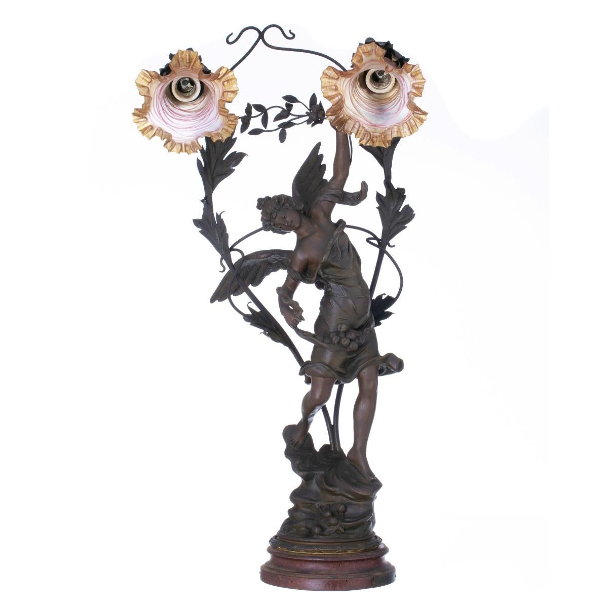 French Emile François Rousseau, Art Bronze Two-Light Table Lamp For Sale