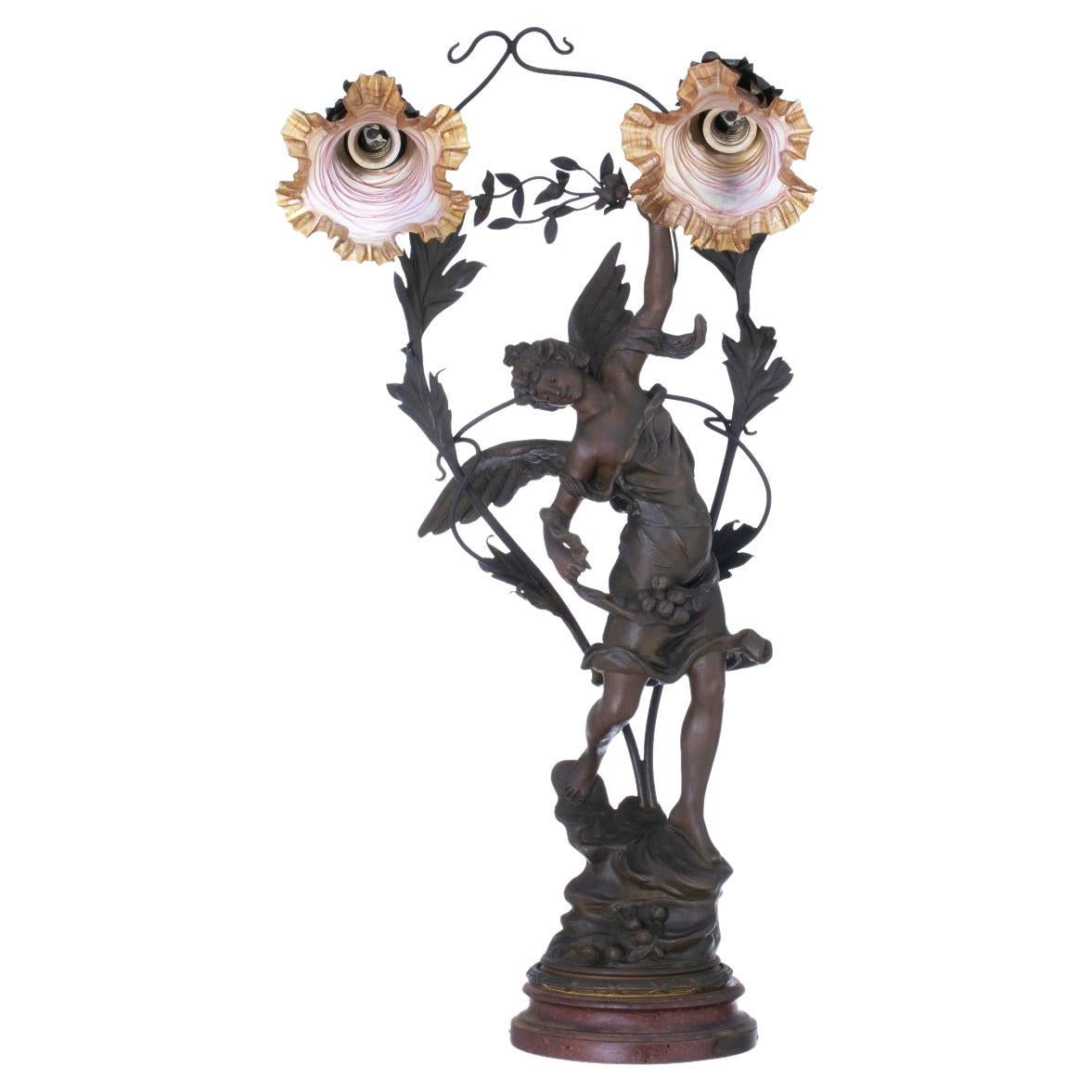 Emile François Rousseau, Art Bronze Two-Light Table Lamp For Sale