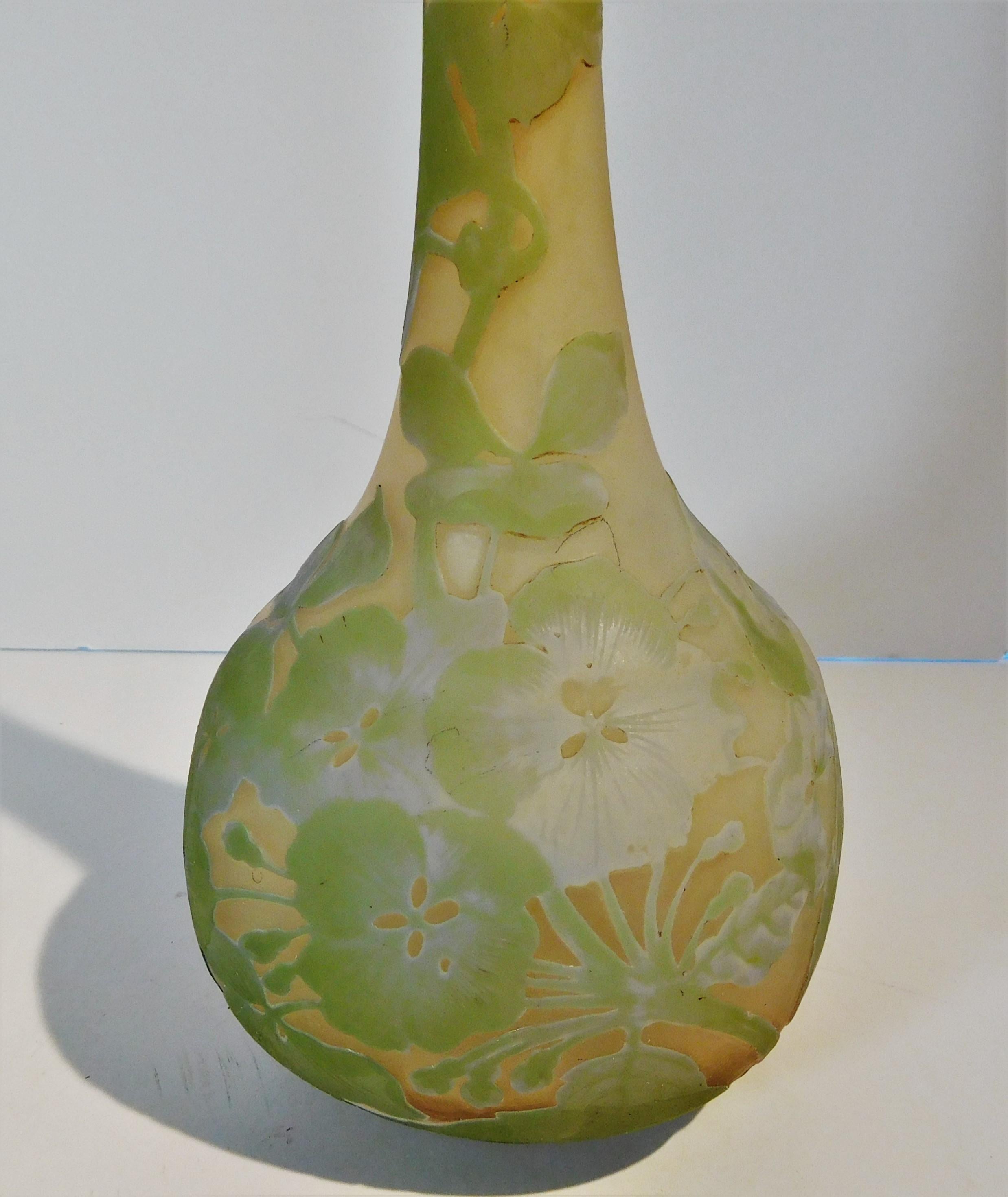 Art Nouveau Emile Gallé Tall Blown Cameo Glass Bud Vase in Pastel Colors, circa 1905 For Sale