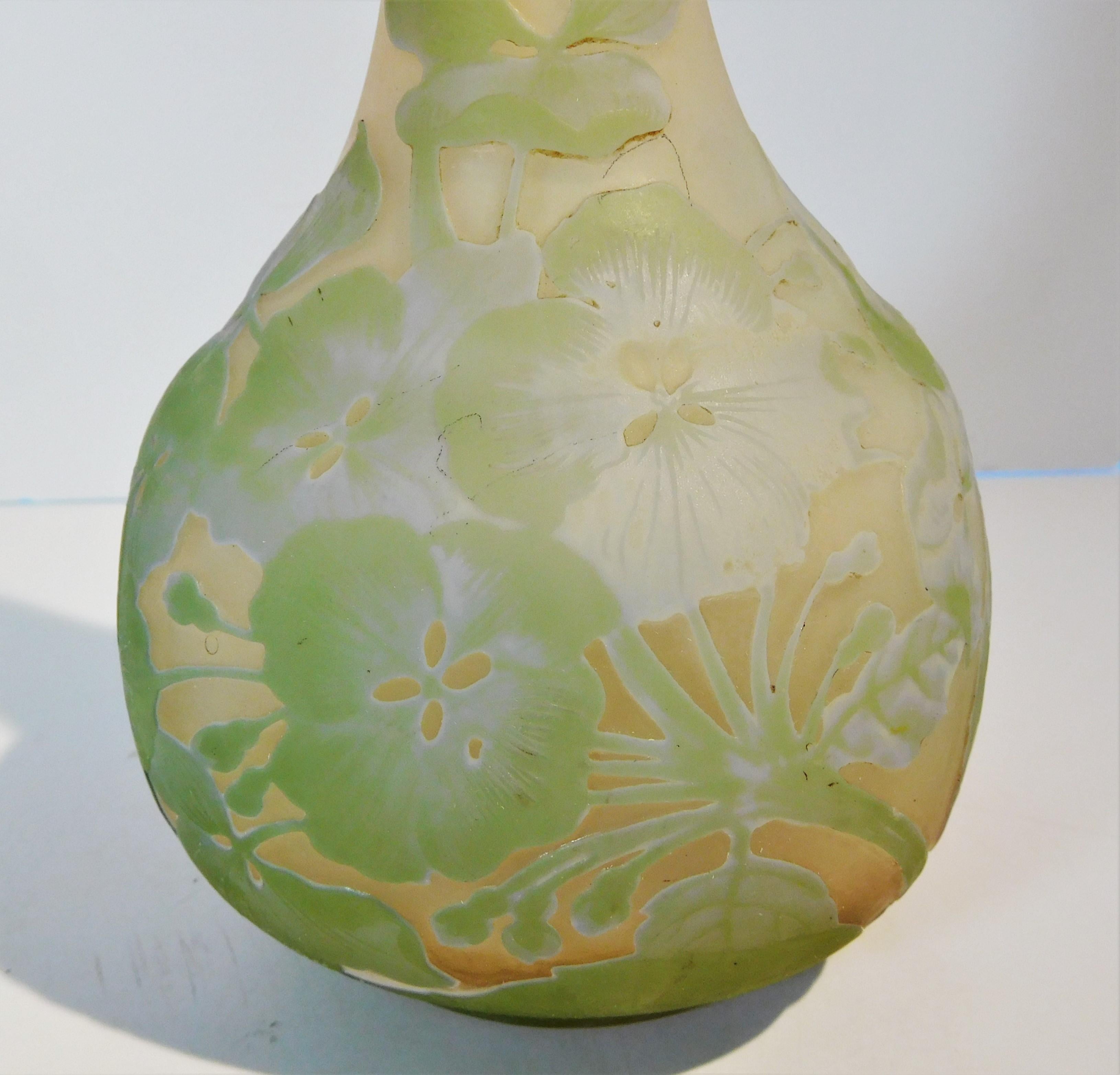French Emile Gallé Tall Blown Cameo Glass Bud Vase in Pastel Colors, circa 1905 For Sale