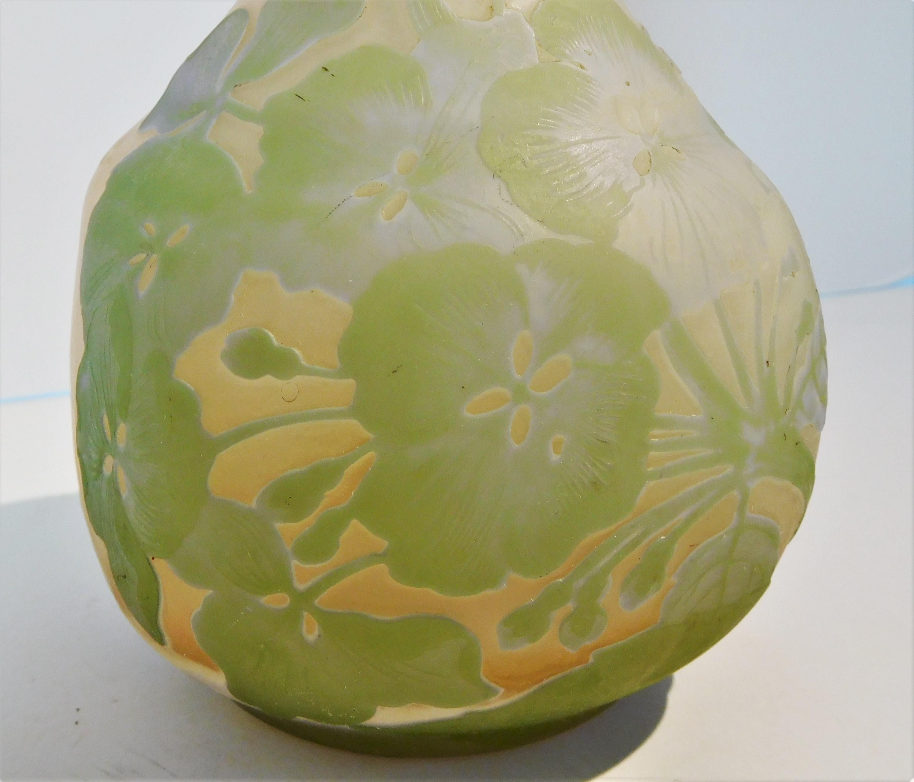 Etched Emile Gallé Tall Blown Cameo Glass Bud Vase in Pastel Colors, circa 1905 For Sale