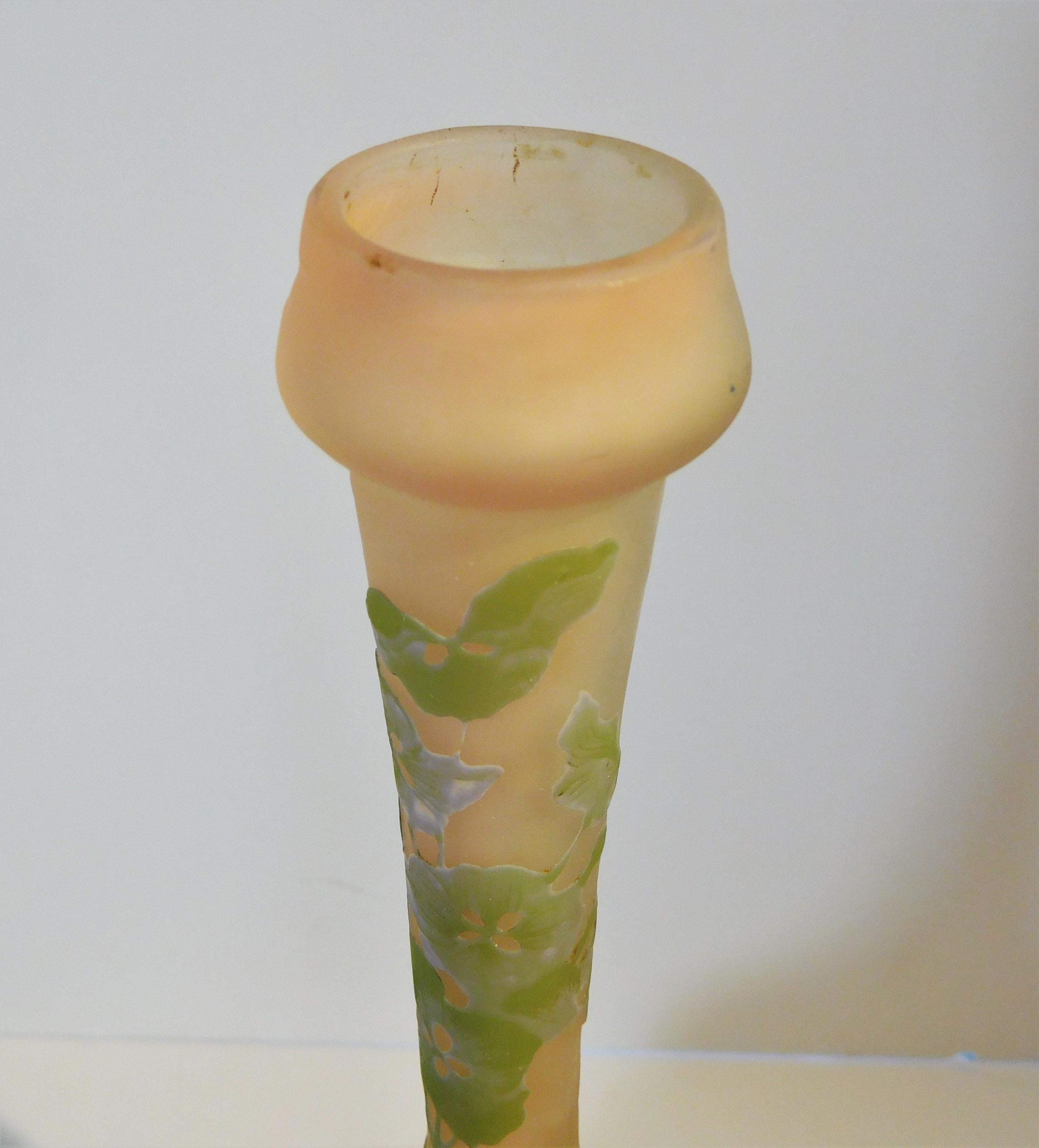 Emile Gallé Tall Blown Cameo Glass Bud Vase in Pastel Colors, circa 1905 In Good Condition For Sale In Quechee, VT