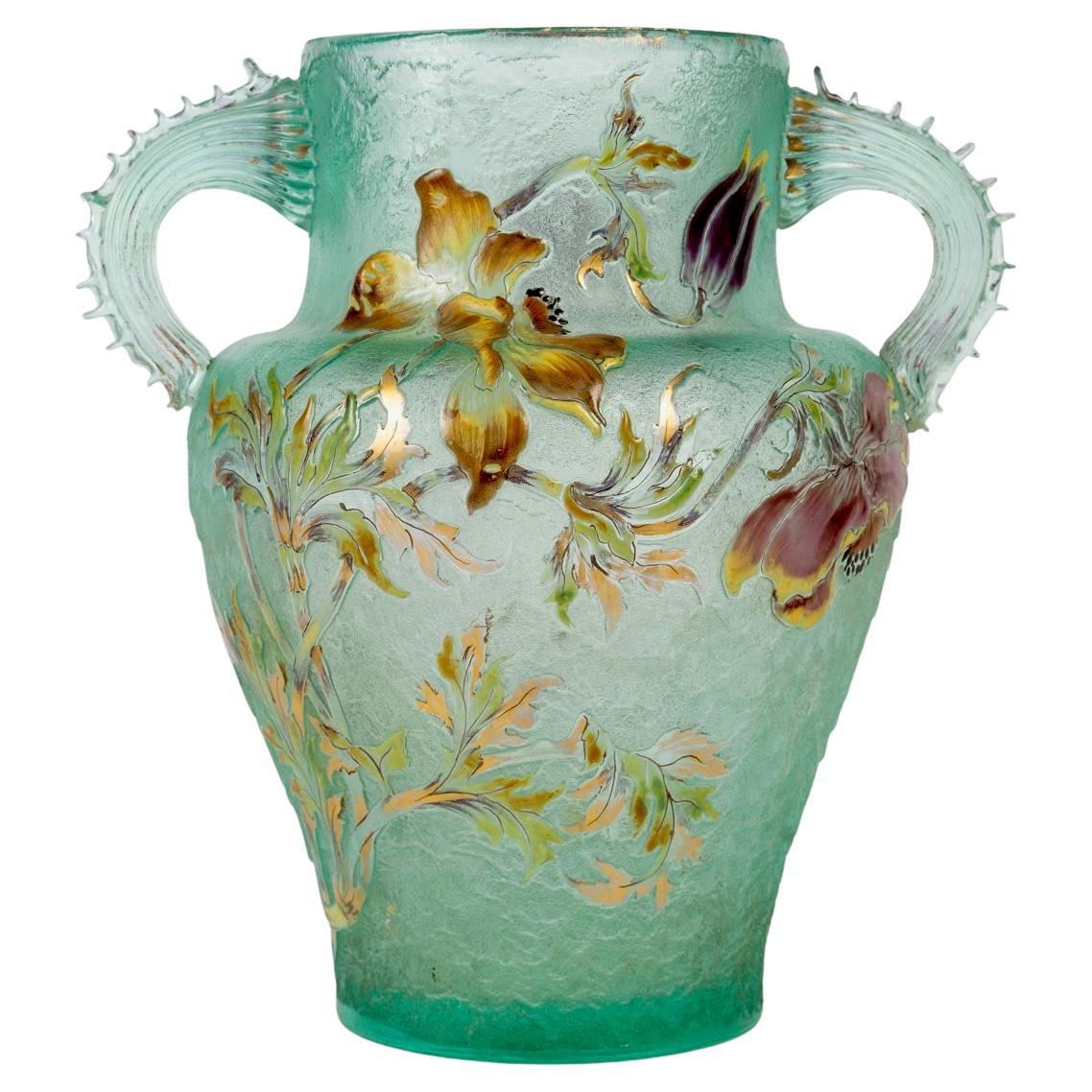 Émile Gallé (1846-1904)  Emailliert  Große Genre-Glasvase um 1895 im Angebot