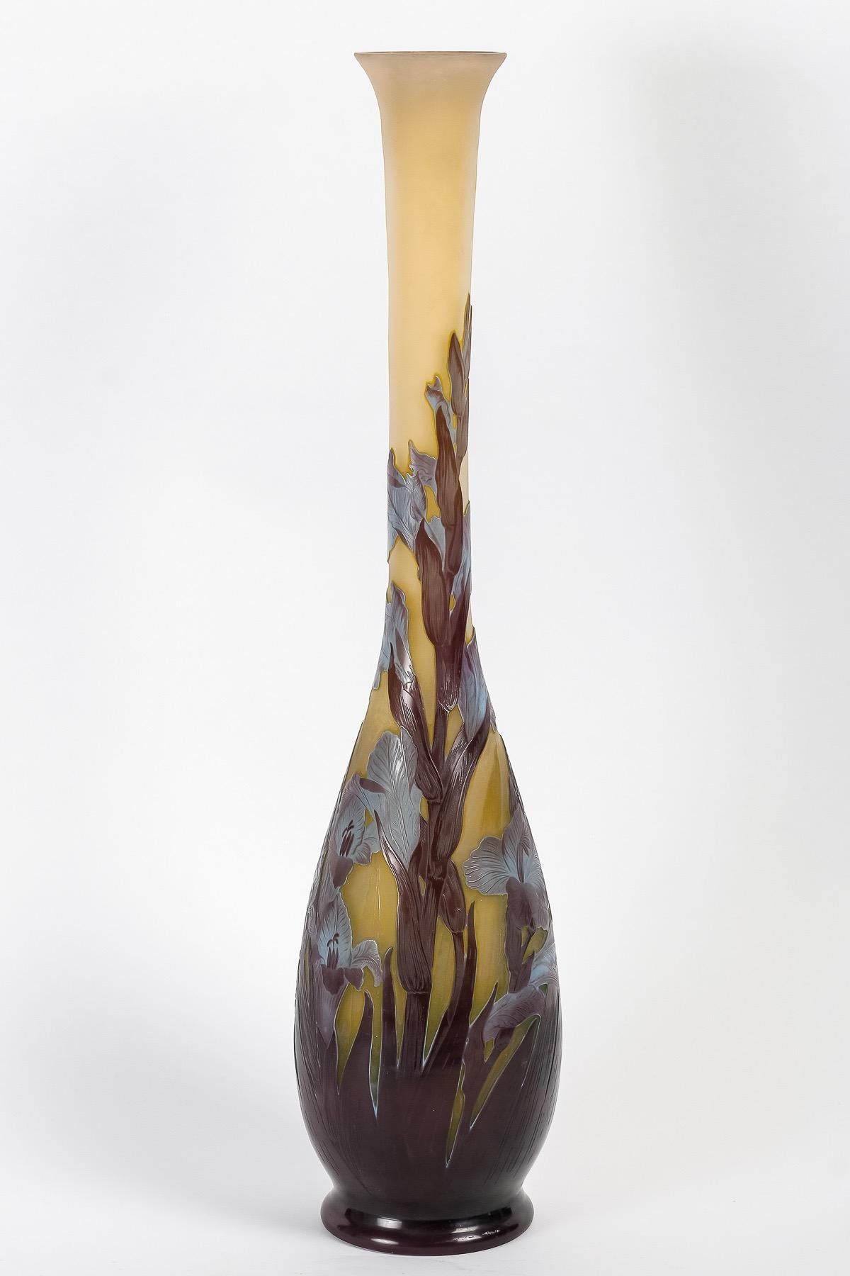 Émile Gallé (1846-1904), Art Nouveau Cameo Glass Vase « Gladioli Flowers »

Large piriform vase on heel with long collar in dark blue and blue multi-layered glass
Cased glass, opalescent, colorless, yellow and blue, acid-etched design of “Gladioli