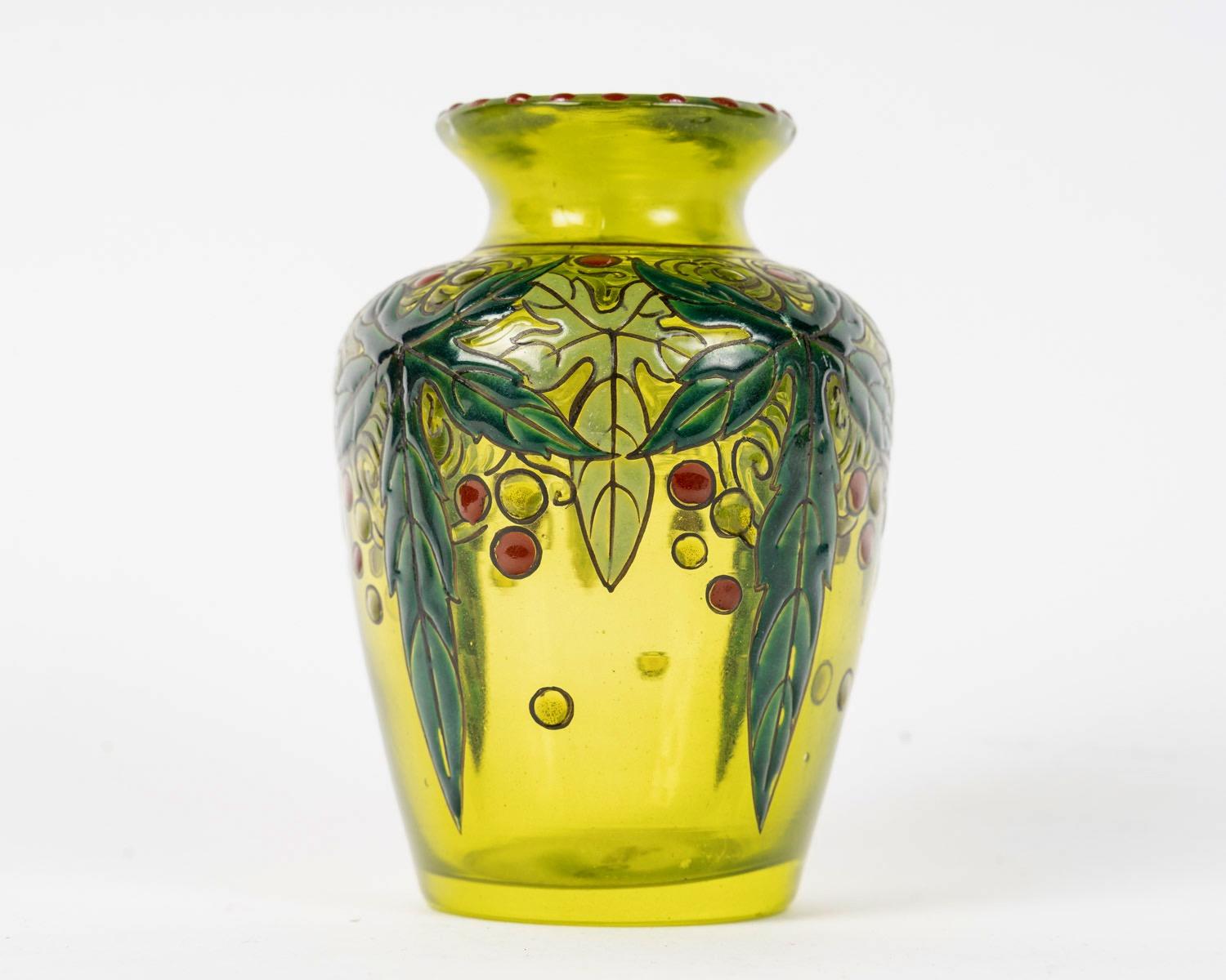 Émile Gallé (1846-1904)
Miniature baluster shape vase in opaque pink tinted glass and painted enamel applied in cabochons.
Byzantine-inspired design hand-painted in polychrome enamel with floral patterns and a frieze of fantastic animals.
Enameled