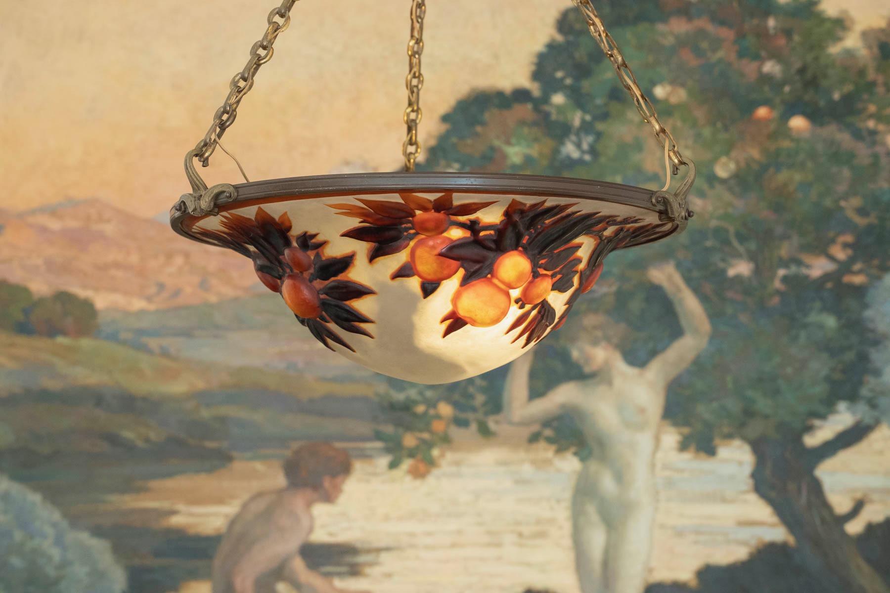 Etched Émile Gallé (1846-1904) “Oranges” A Rare Art Nouveau Cameo Glass Ceiling Light