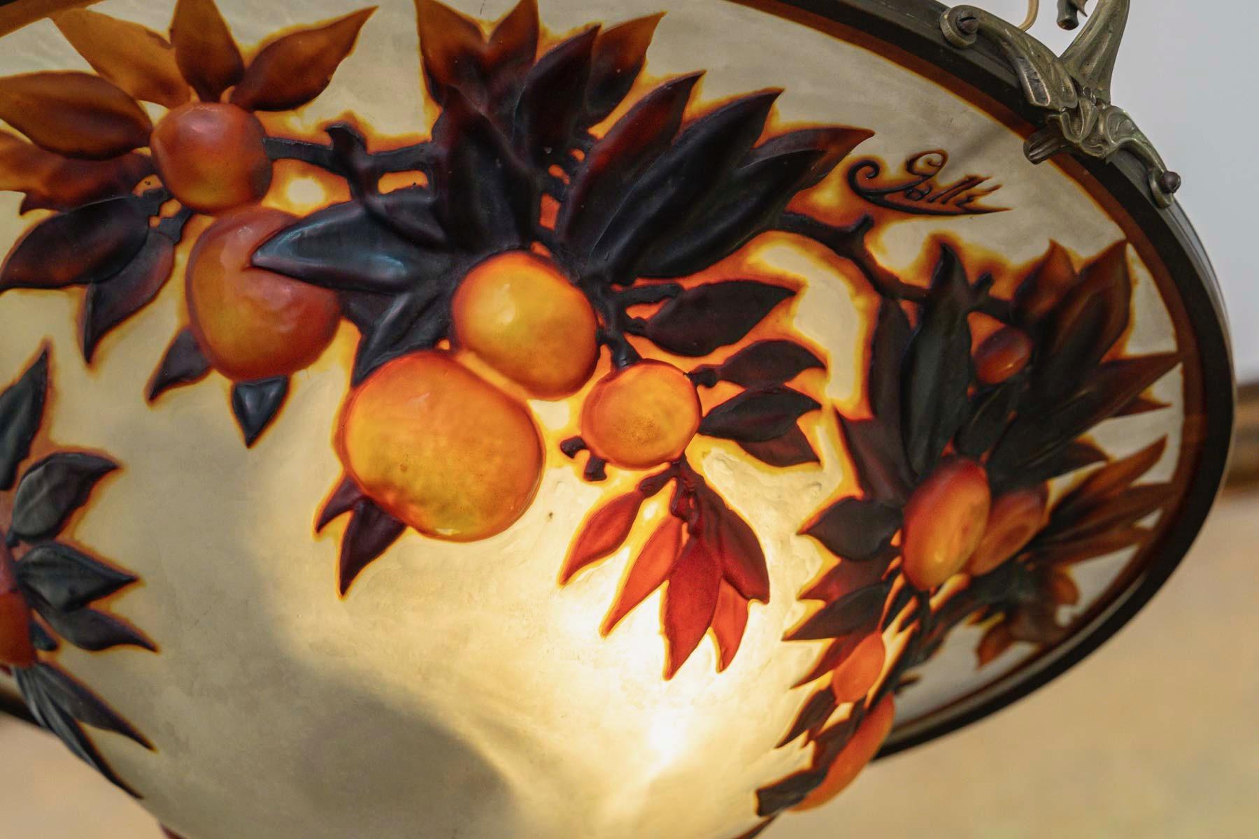 Émile Gallé (1846-1904) “Oranges” A Rare Art Nouveau Cameo Glass Ceiling Light In Good Condition In Saint-Ouen, FR