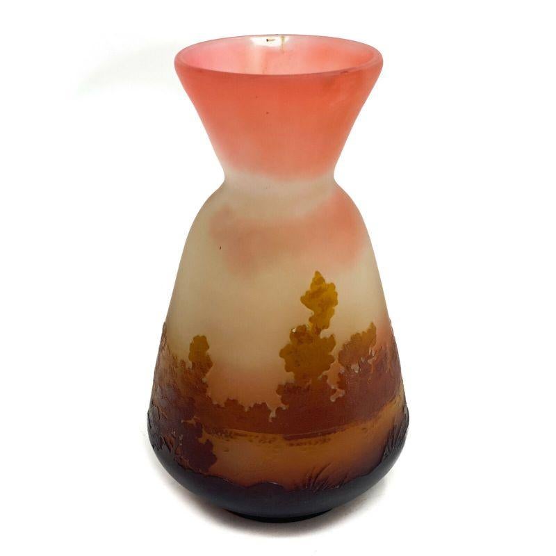 Emile Galle Acid Etched 3 Color Scenic Lake View Cameo Glass Vase, circa 1890 In Good Condition For Sale In Gardena, CA