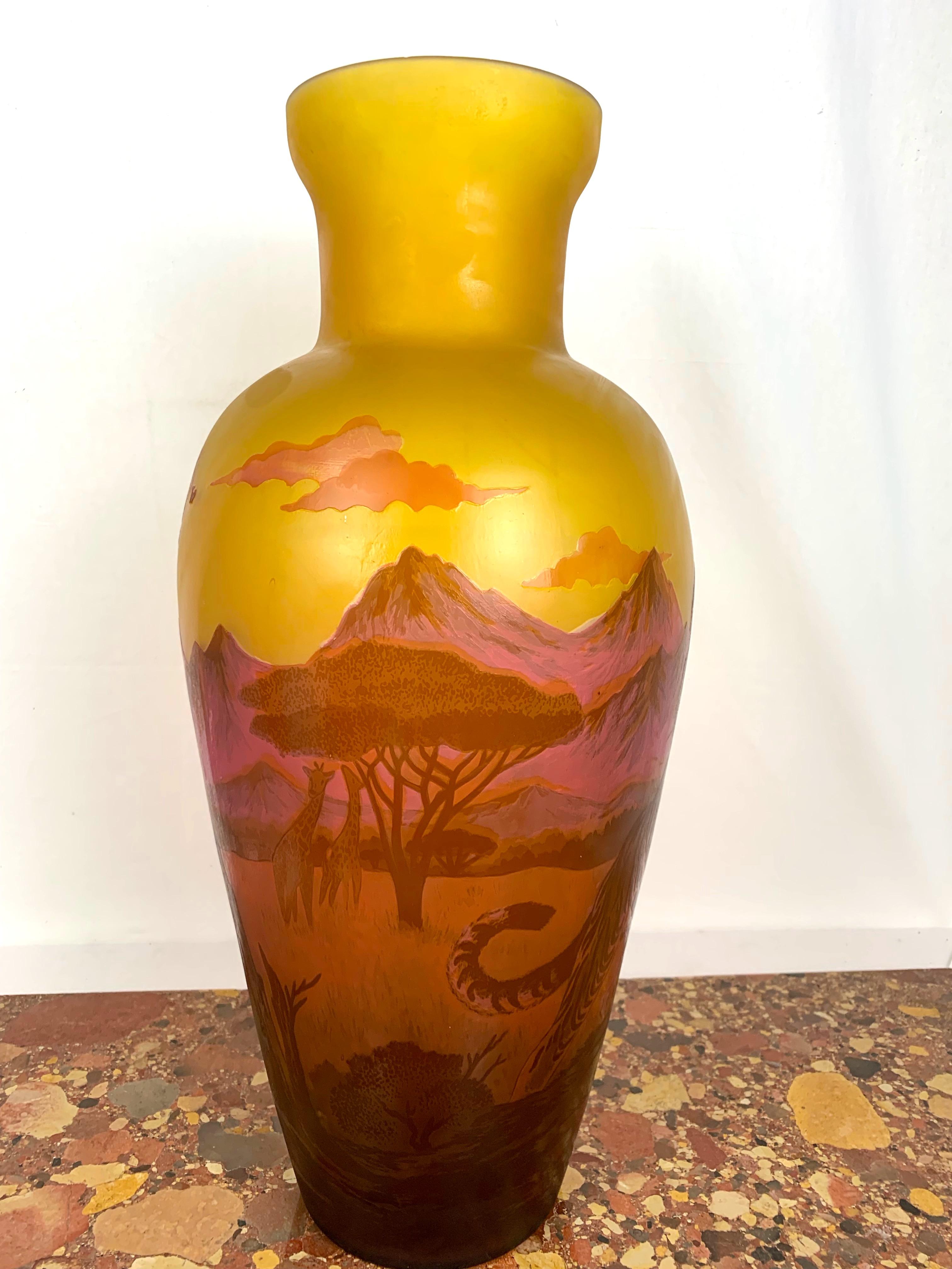 A Beautiful 20th Century, Émile Gallé Art Glass Style Vase decorated with lions, mountains and foliage.