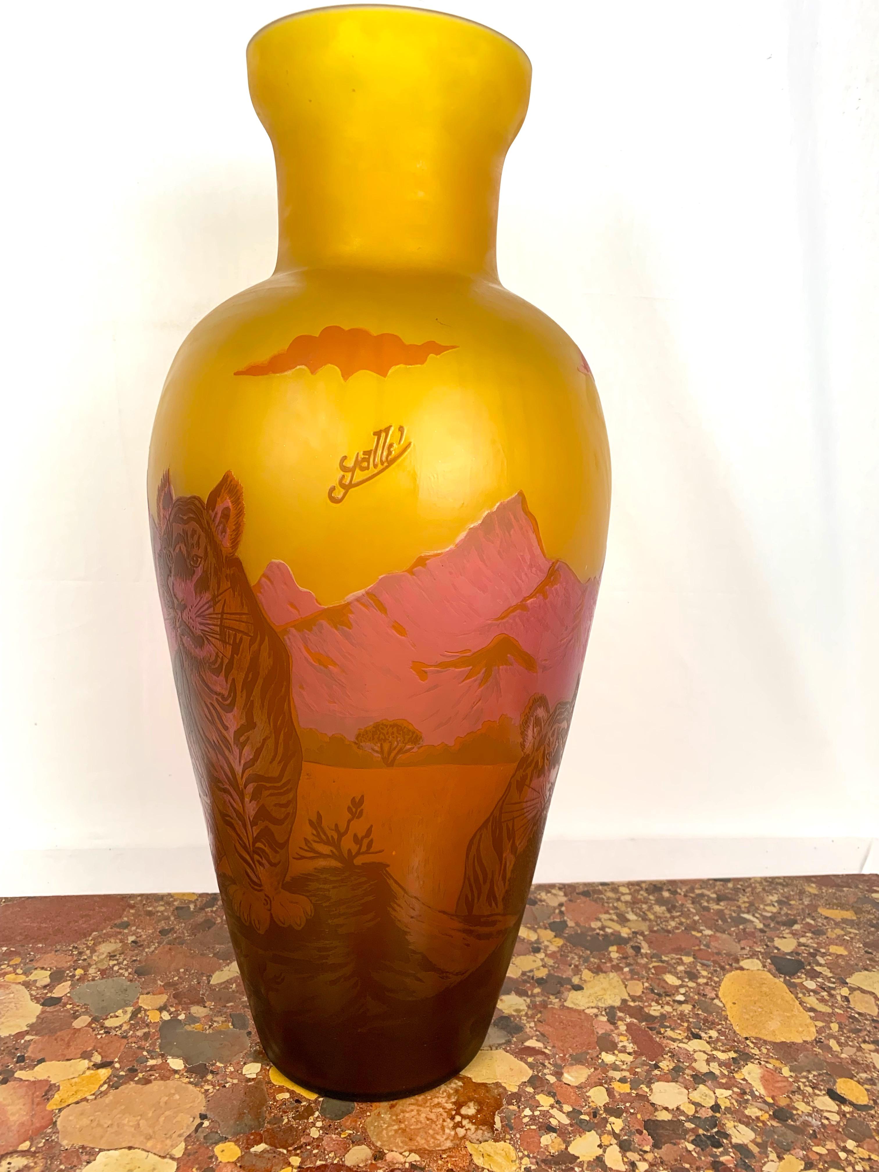 Etched Émile Gallé Style Art Glass Vase, 20th Century For Sale