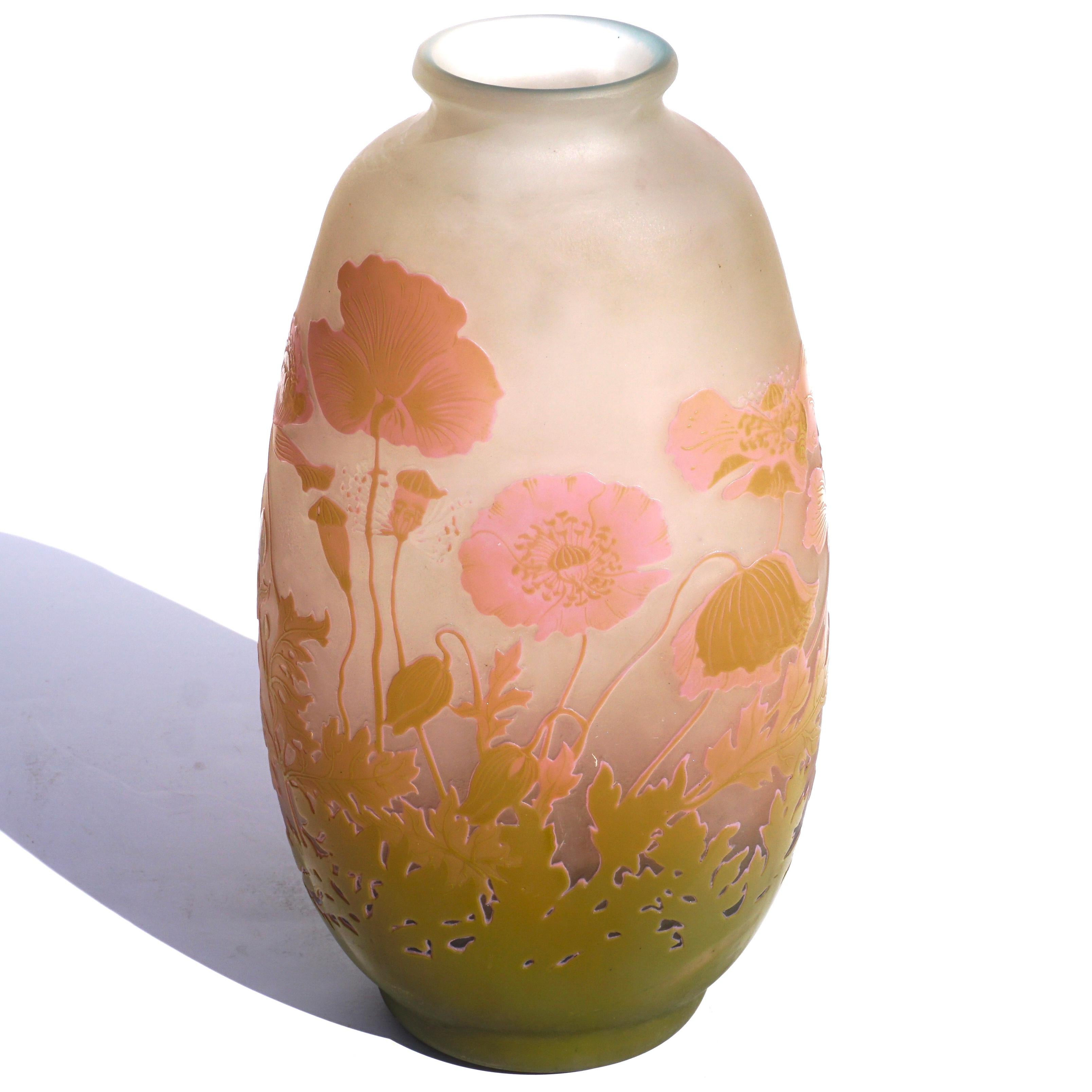 Emile Galle wheel carved and acid etched cameo glass vase. This particular case has killer colors and outstanding workmanship. The pink and green combination on the cream background remind you why Galle was originally a botanist. A nice example at