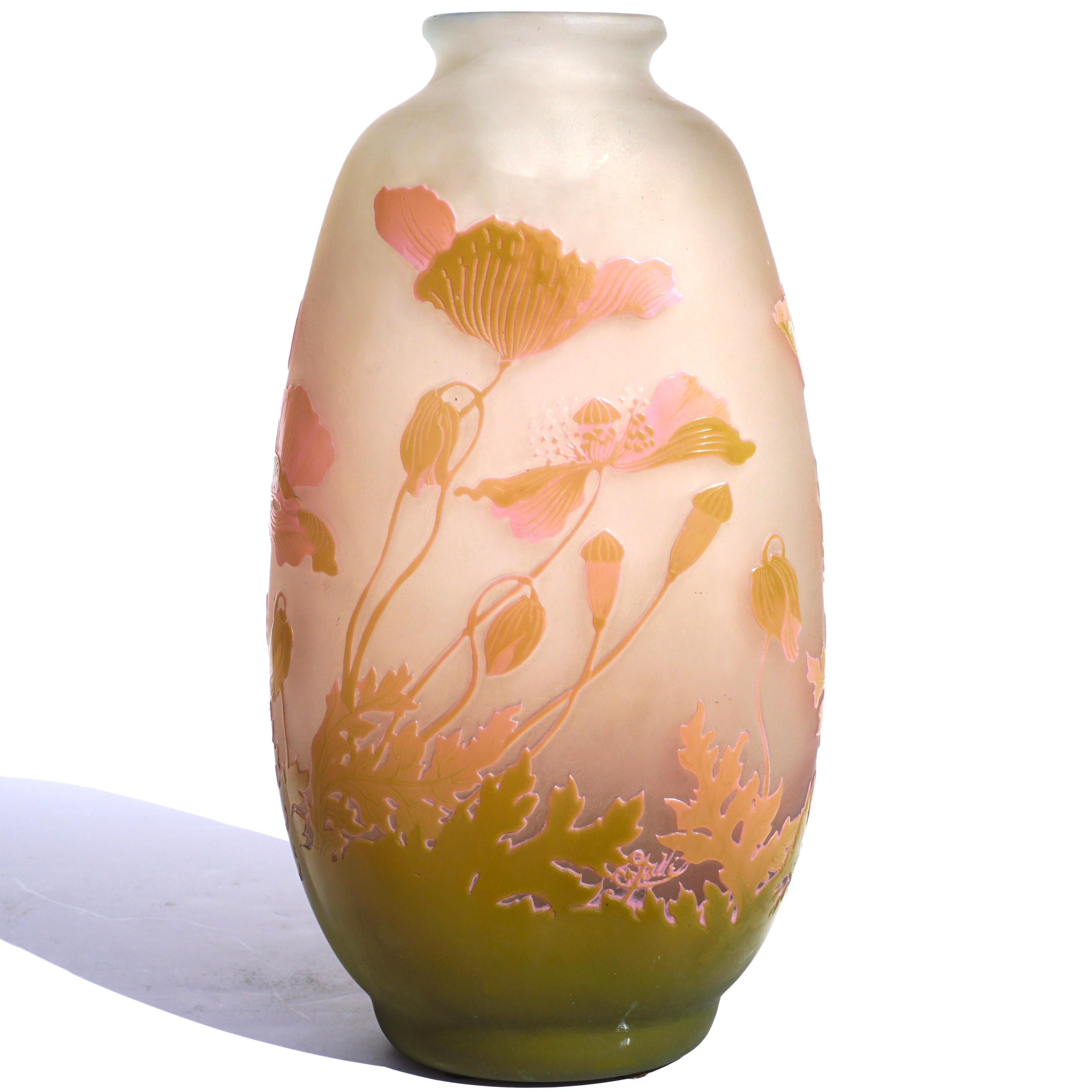 Carved Emile Galle Art Nouveau Cameo Floral Vase For Sale