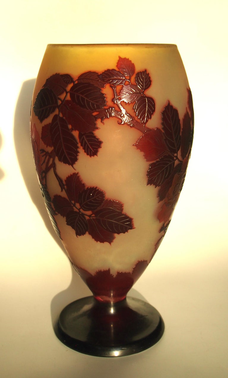 Emile Galle Art Nouveau Cameo Glass Roses Vase French For Sale at 1stDibs