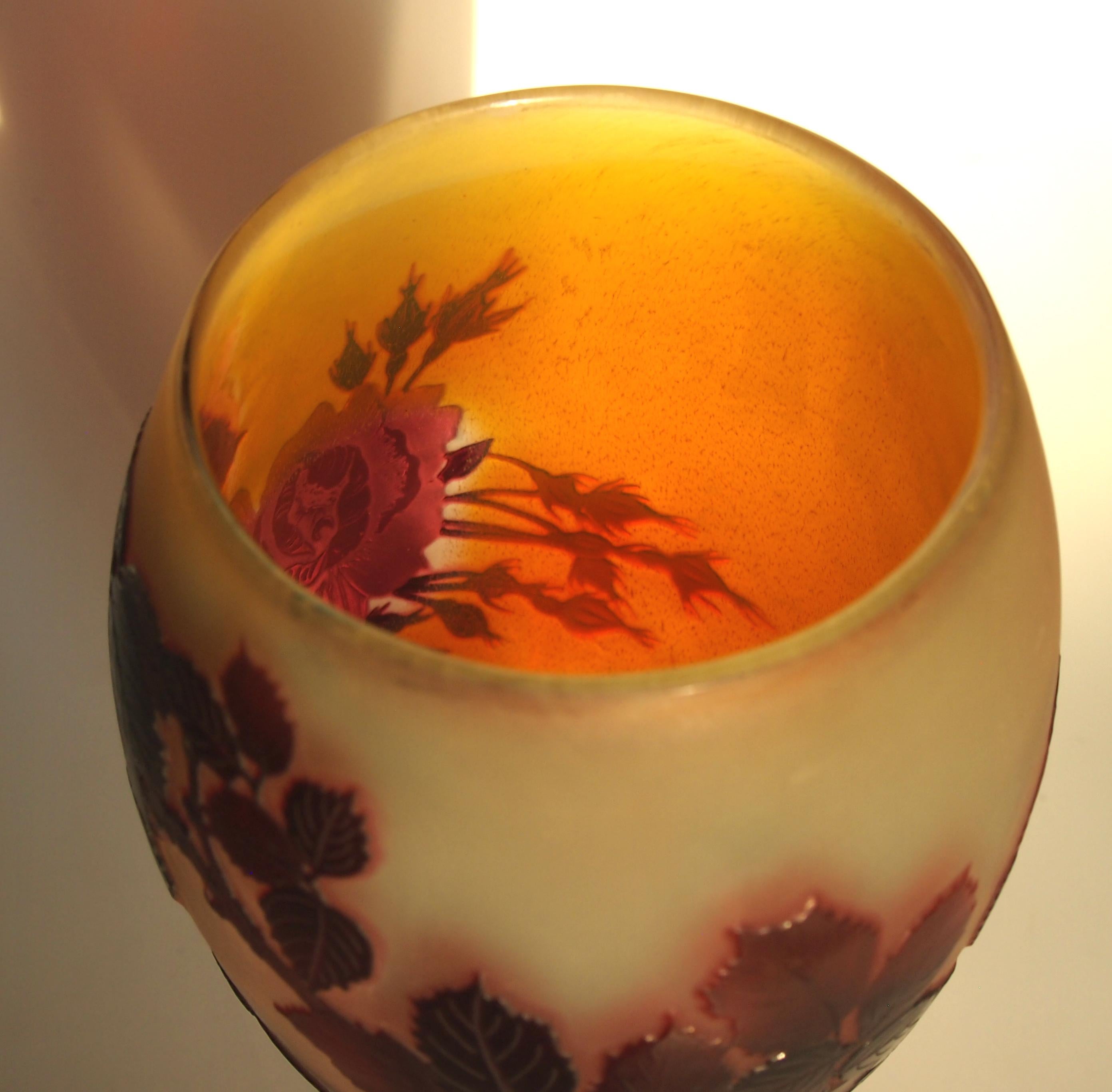 Early 20th Century Emile Galle Art Nouveau Cameo Glass Roses Vase -French For Sale