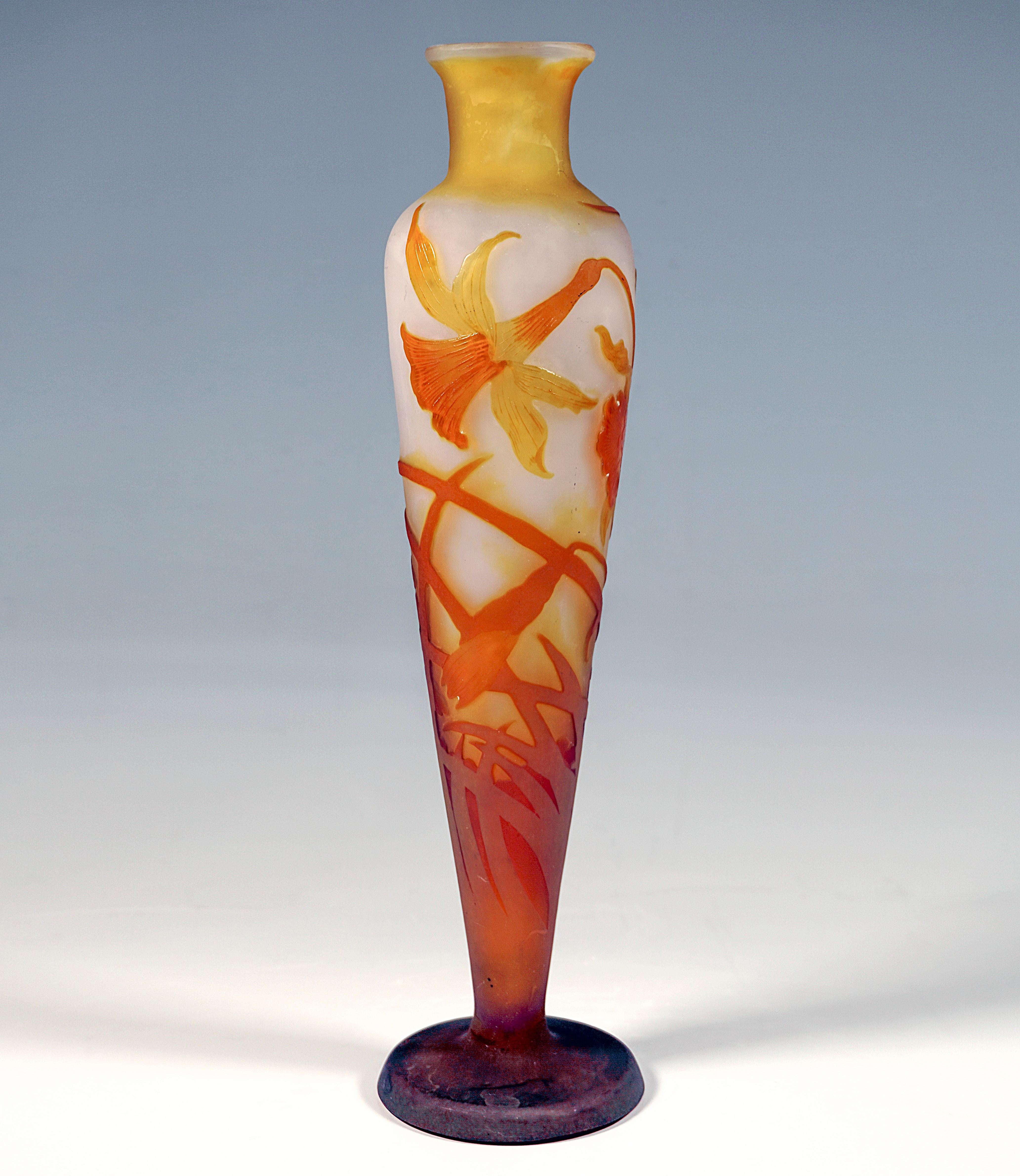 Baluster-shaped vase body on a separate, round base, conically widening walls, on rounded shoulders set short, narrow neck with slightly flared mouth rim, colorless glass with flaky white and yellow colored powder inclusions, overlay in