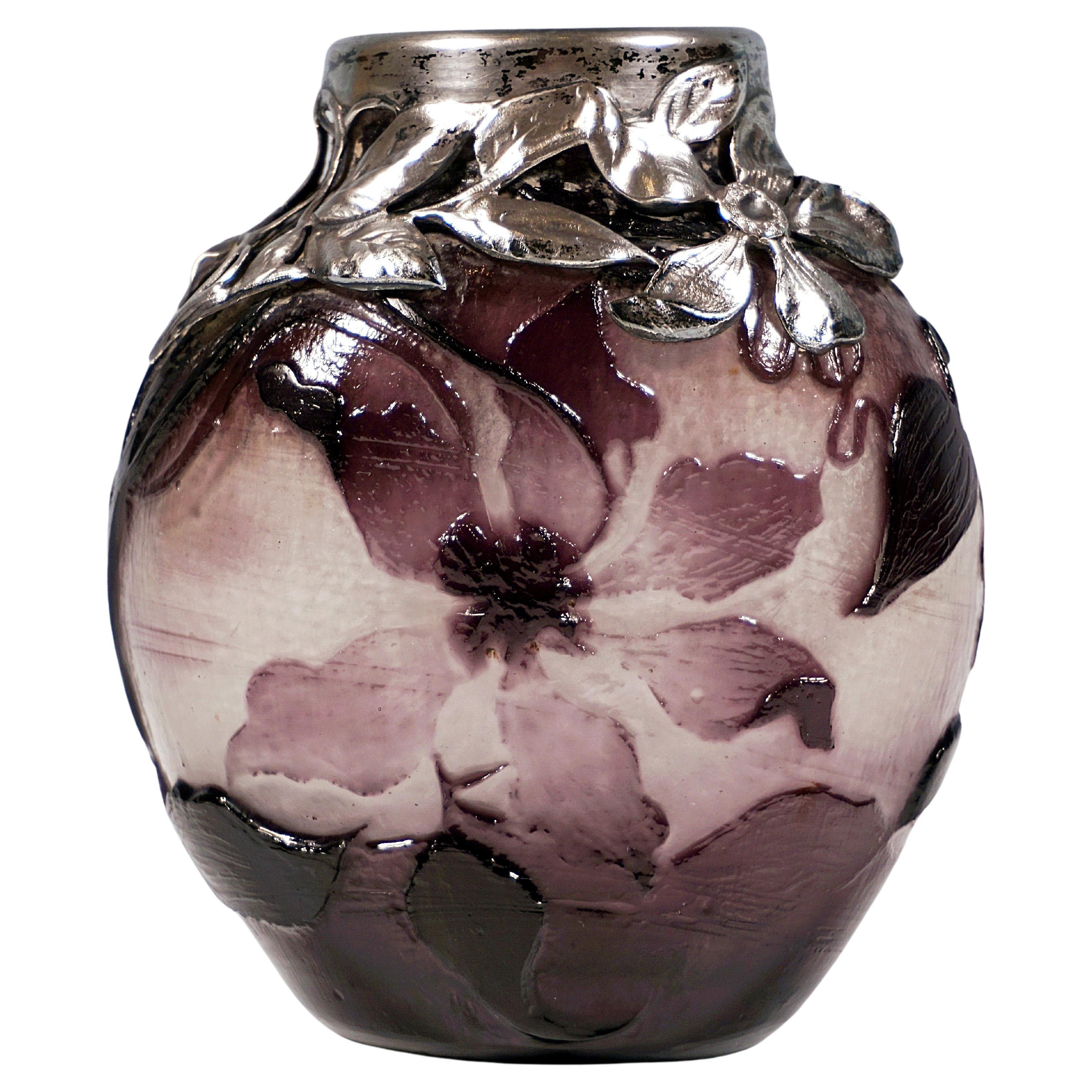  Émile Gallé Jugendstil-Kamee-Vase mit Silbermontierung, Nancy, Frankreich 1895