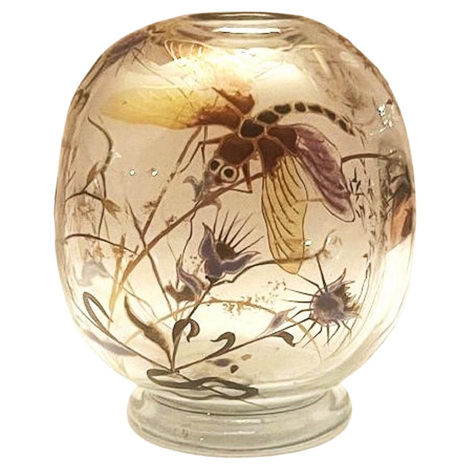 Soliflores in smalto Art Nouveau di Émile Gallé con libellula e cardi, Nancy, 1900 ca. in vendita