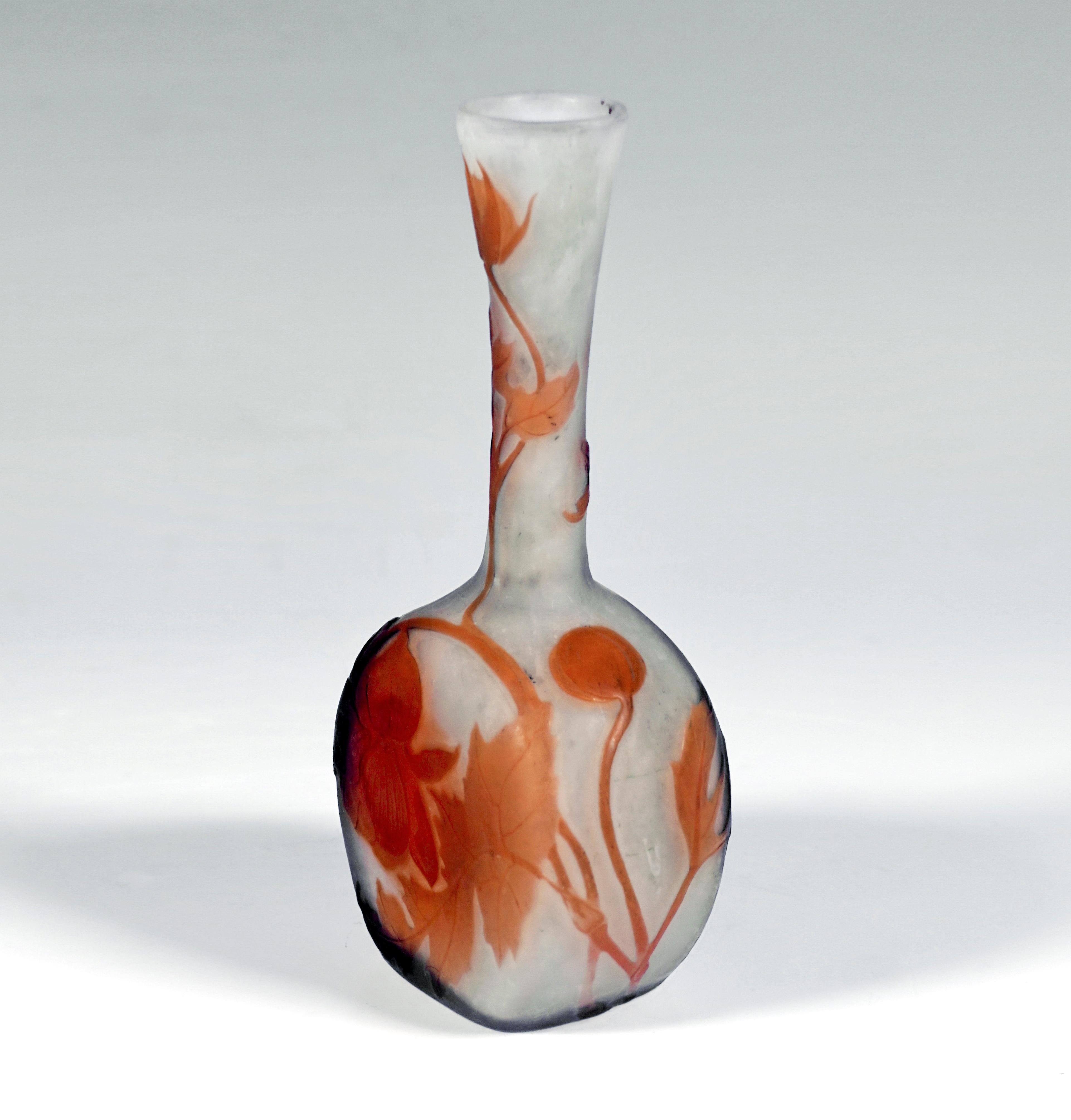 Vase in the form of a flacon: drum-shaped body with a flattened, flush stand, attached slim, long neck, widening towards the rim of the mouth in the shape of a trumpet, colorless glass with white, flaky powder inclusions, overlay in orange, in