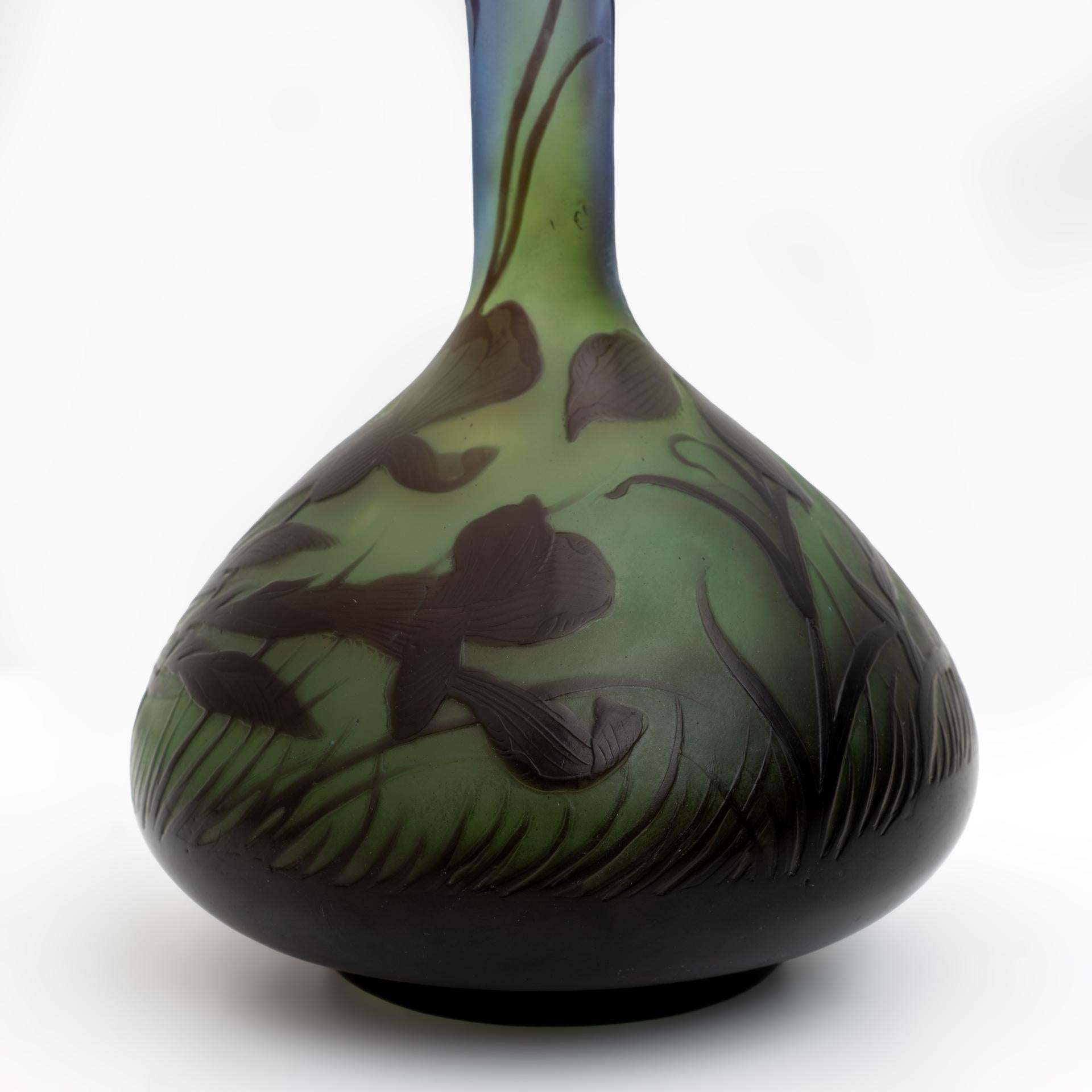 Art Glass Émile Gallé Art Nouveau Floral Decoration Cameo Bulb Glass Vase, France 1900  For Sale