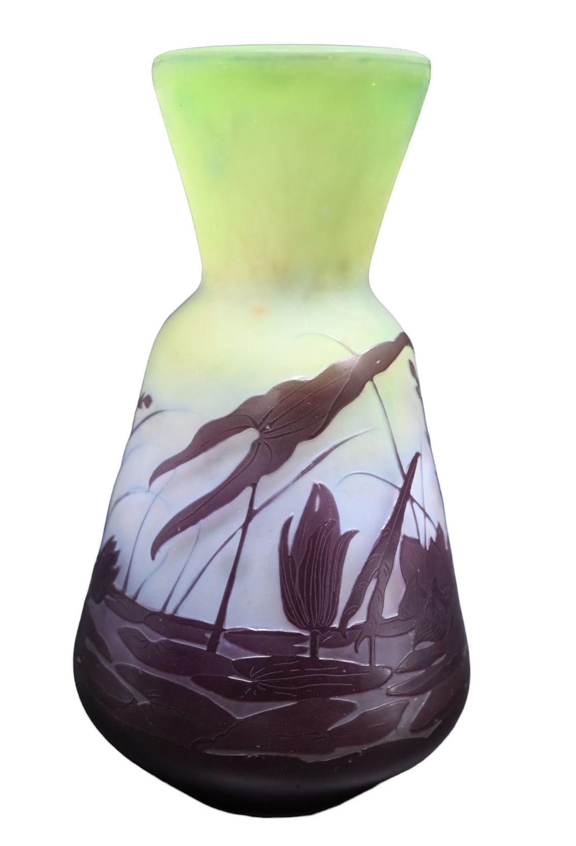 Etched Émile Gallé, Art Nouveau Glass Paste Vase, Decor With A Grasshopper For Sale