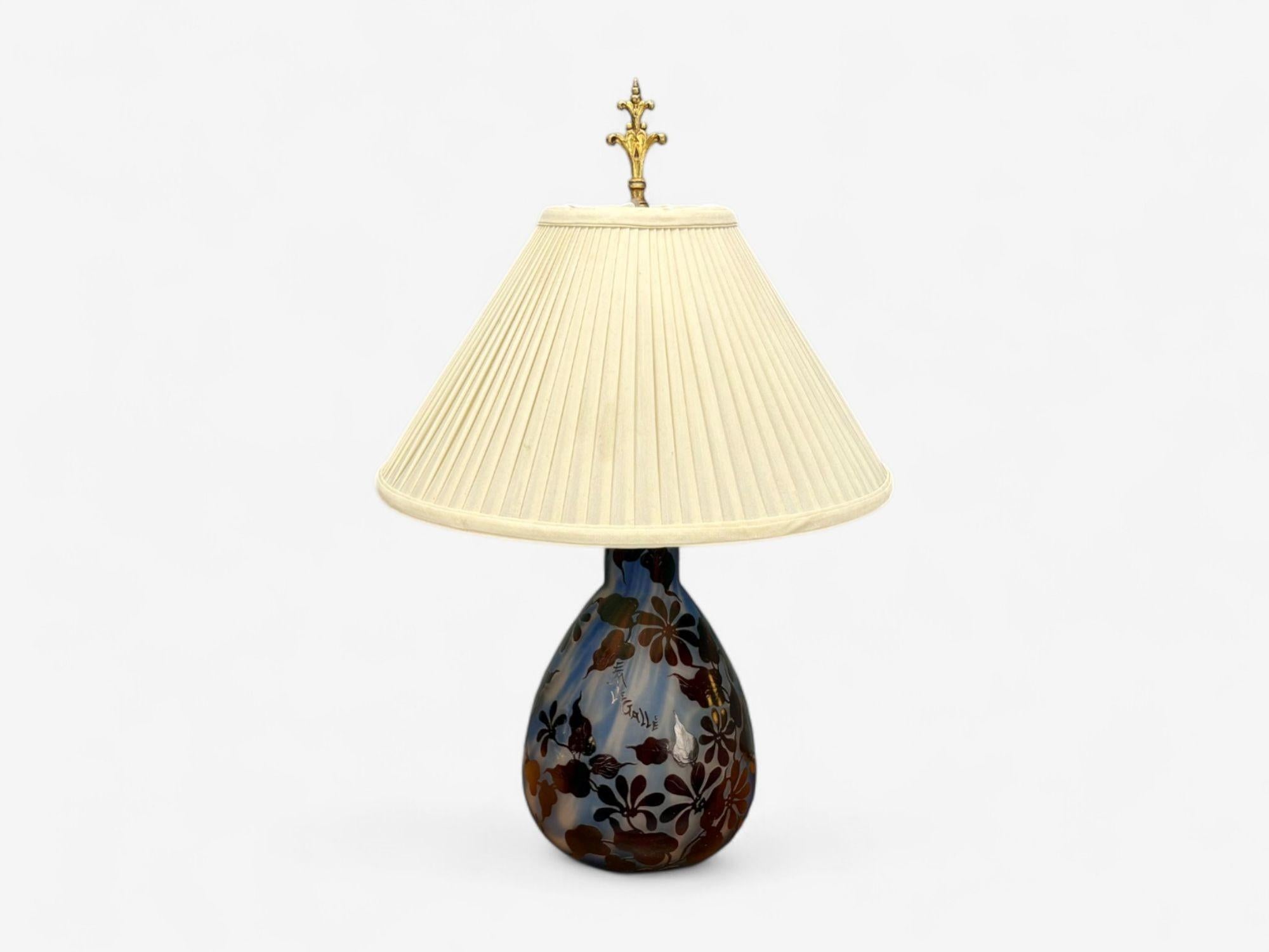 French Emile Gallé, Art Nouveau, Glass, Table Lamp, France, 1920s For Sale