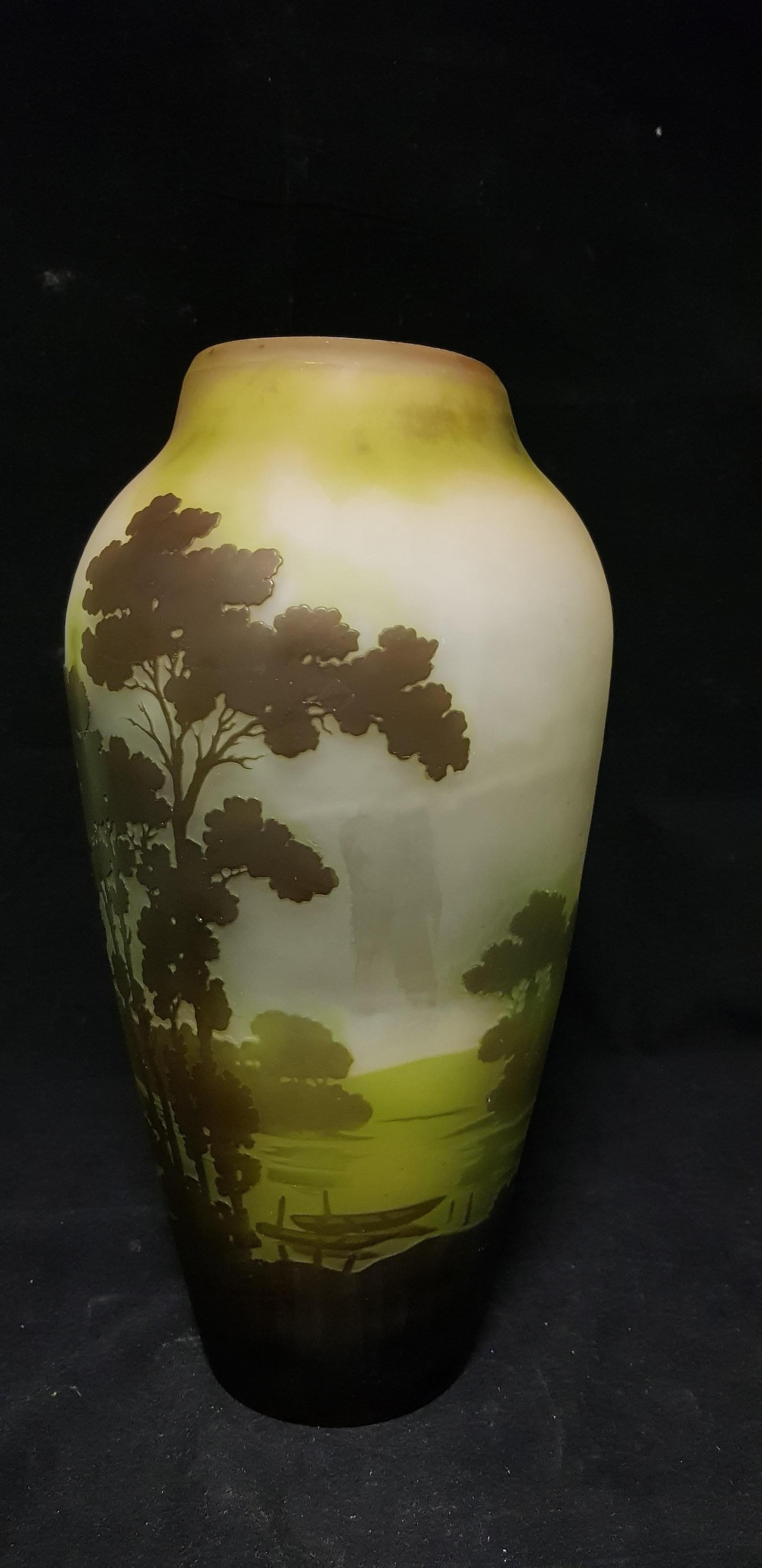 French Emile Gallé Art Nouveau Lake Landscape Decoration Glass Vase, 1910s