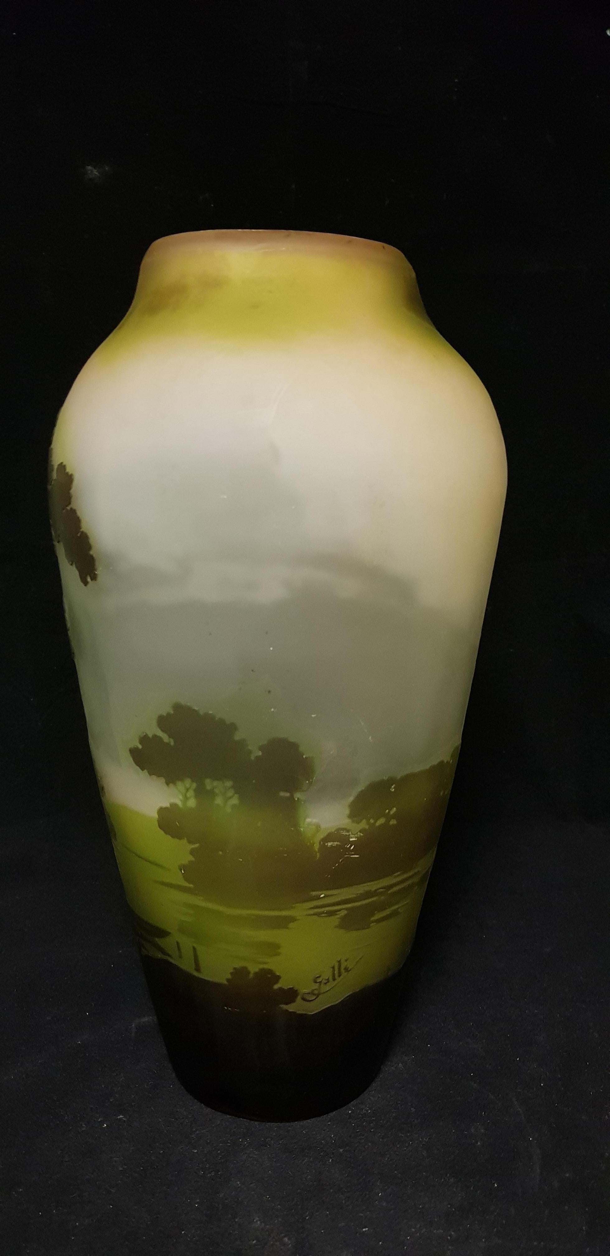 Emile Gallé Art Nouveau Lake Landscape Decoration Glass Vase, 1910s In Good Condition In Mondovì cn, Italia