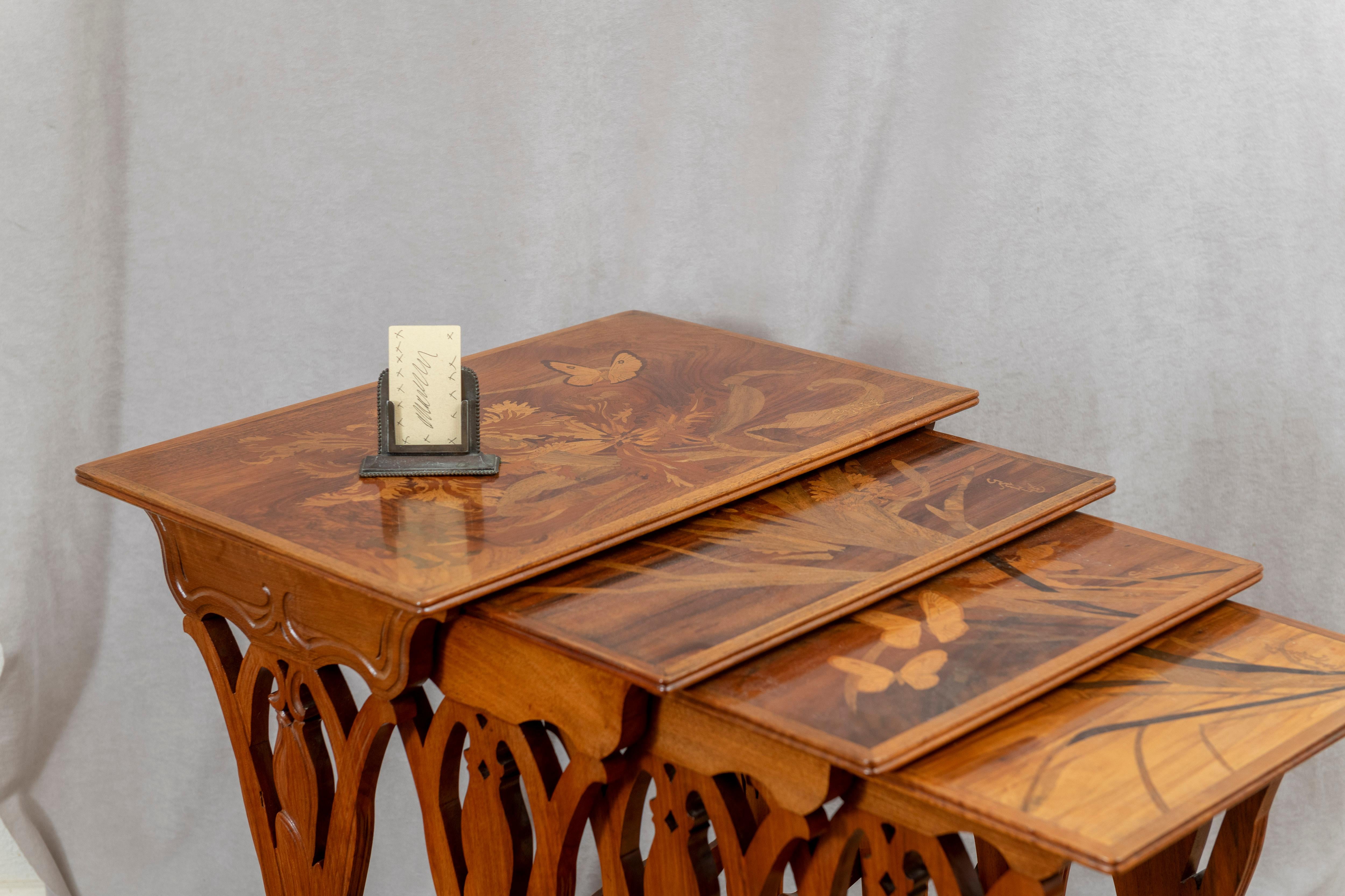 Hand-Carved Emile Gallé Art Nouveau Marquetry Nest of Four Tables, ca. 1900