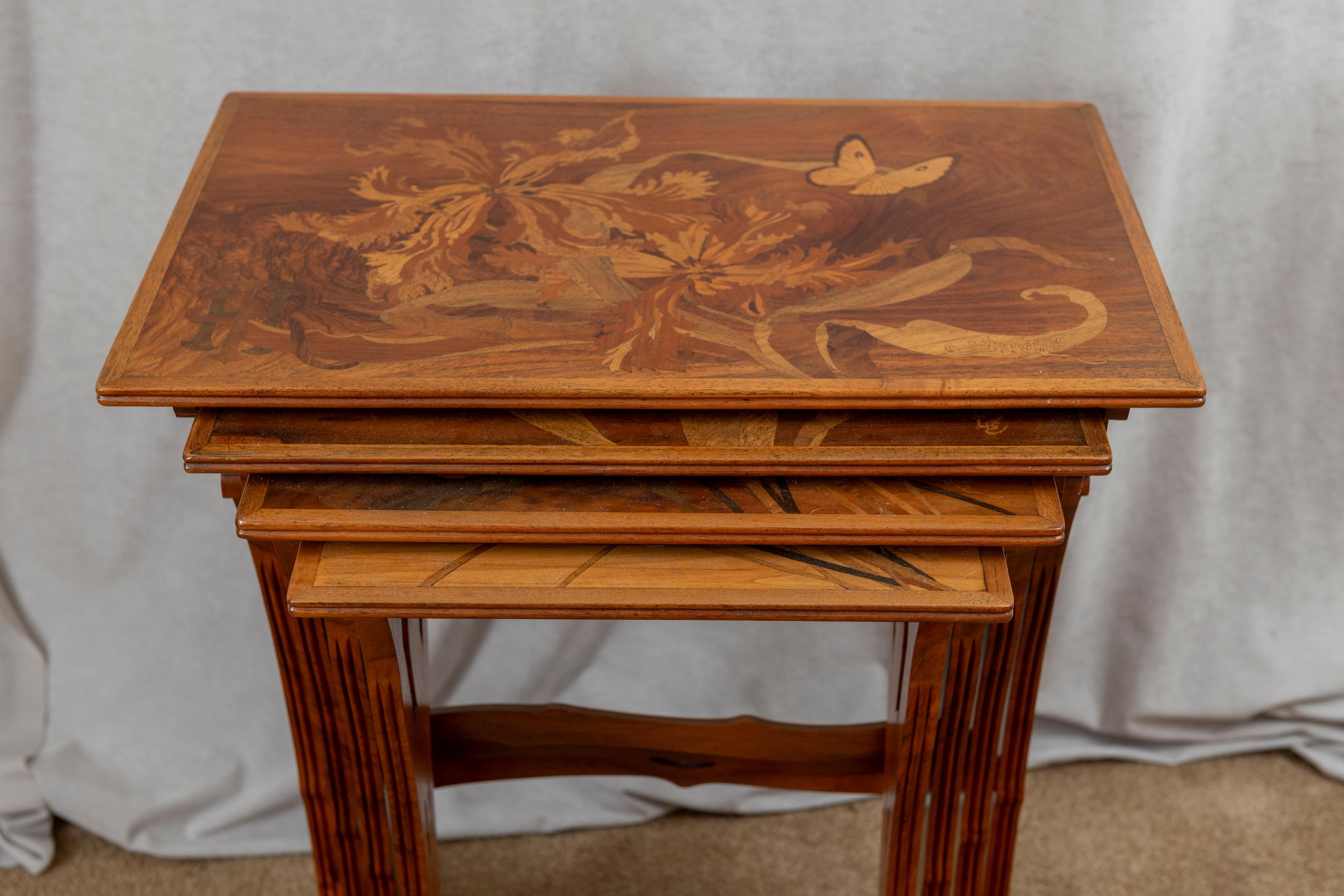 Early 20th Century Emile Gallé Art Nouveau Marquetry Nest of Four Tables, ca. 1900