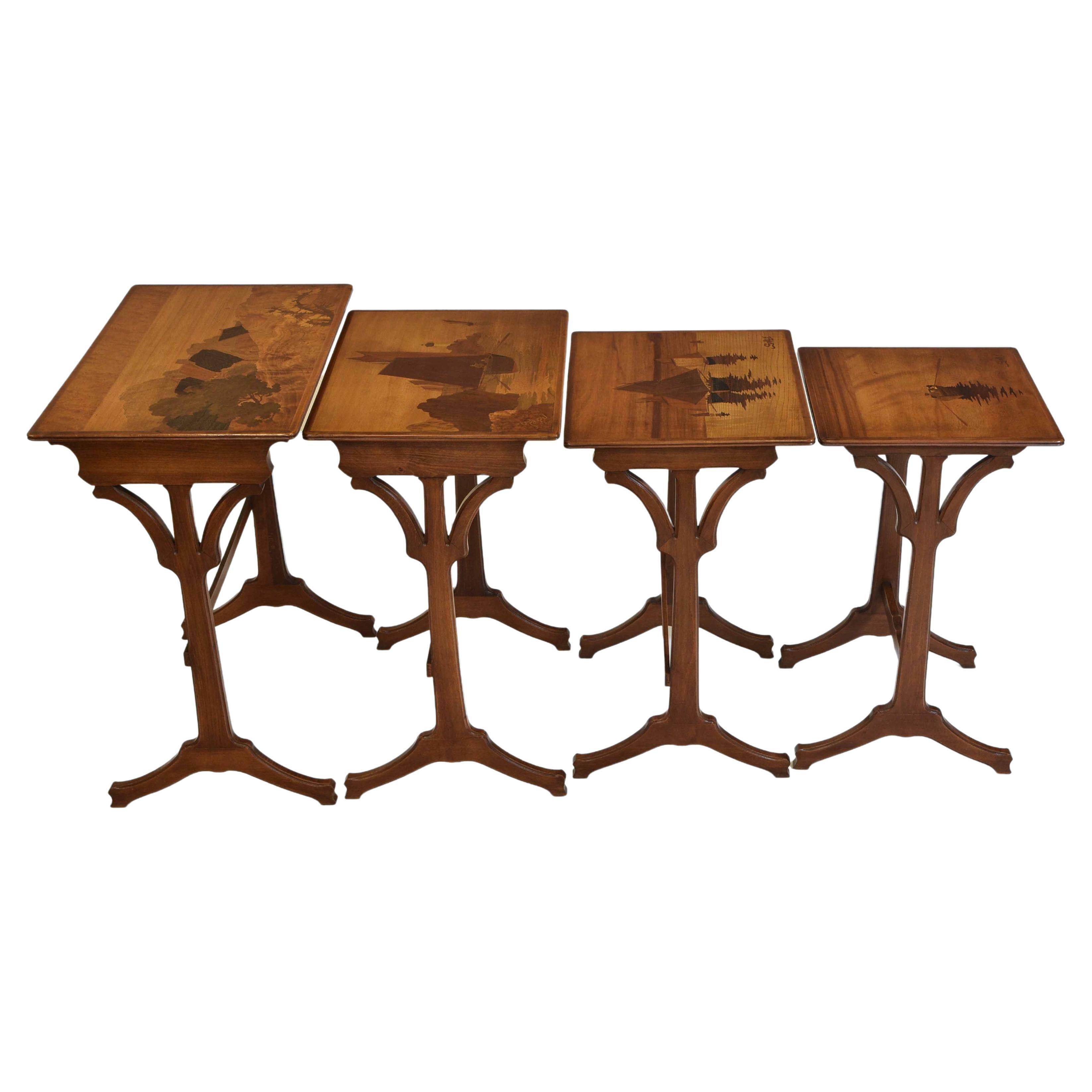 Emile Gallé Art Nouveau Marquetry Nest of Four Tables Seascape Boats, Circa 1900 For Sale