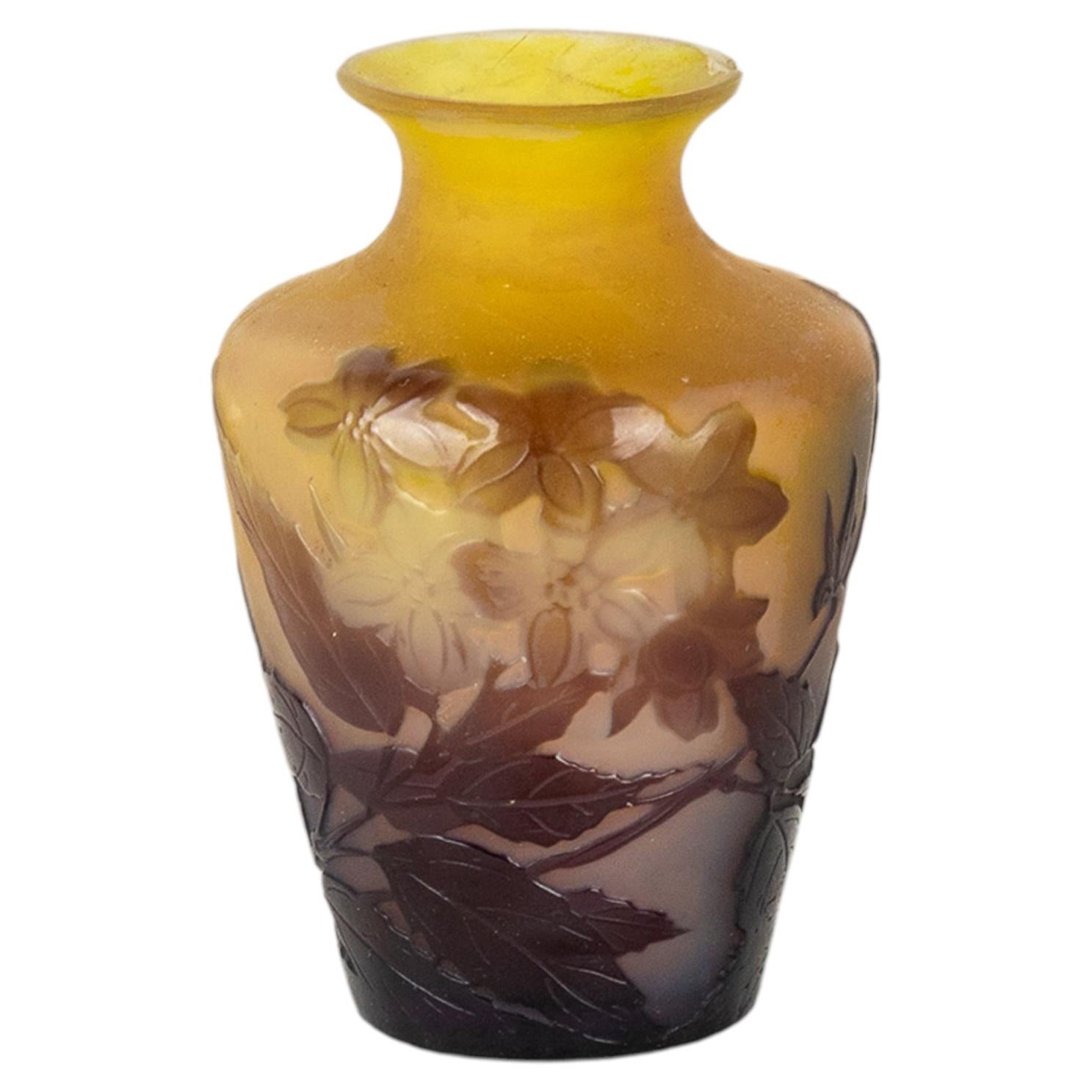 Émile Gallé Art Nouveau Small Vase, Cameo Glass with Flowers, 1900s
