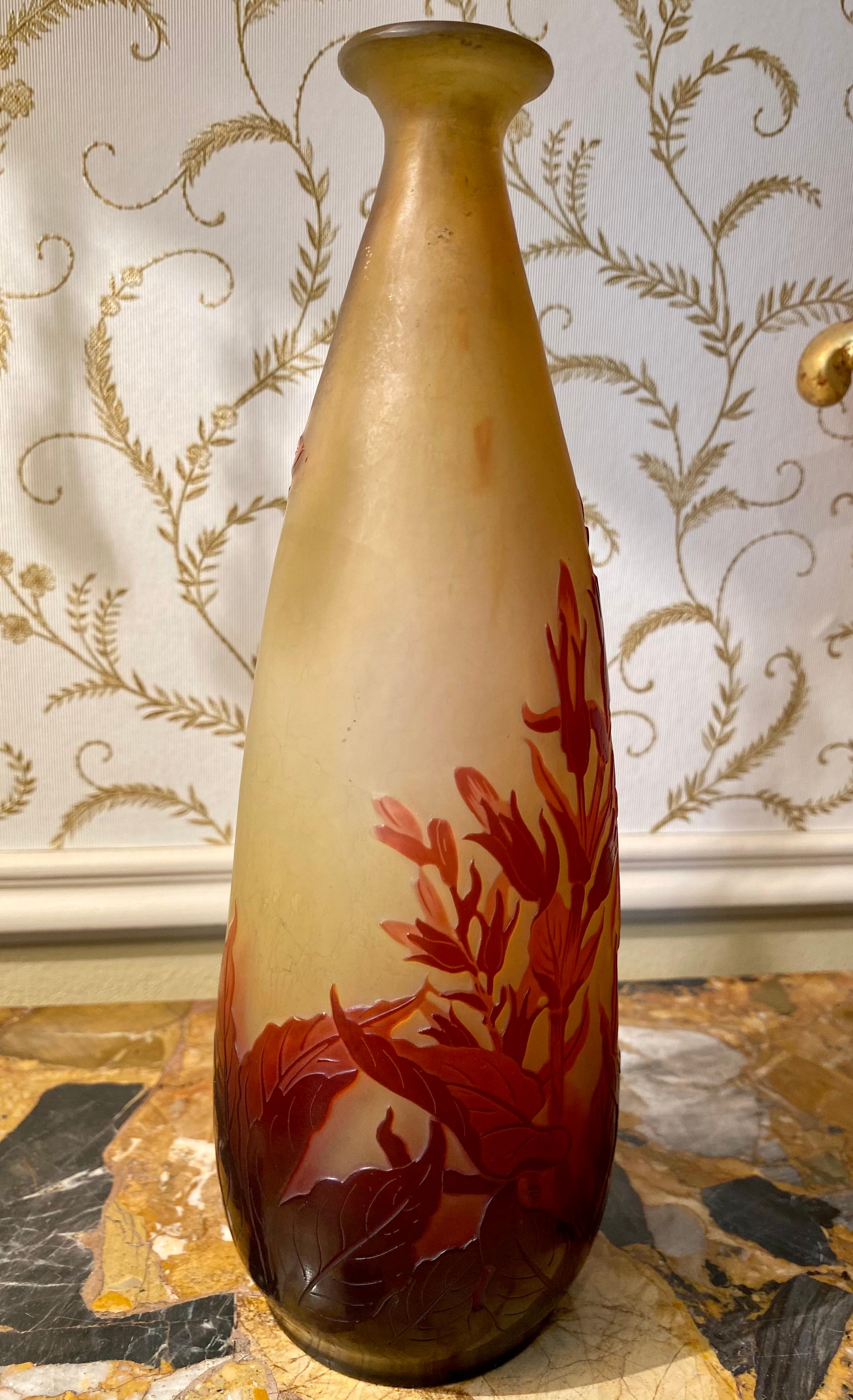 Emile Galle, Art Nouveau Style Elongated Piriform Vase with Irises 20th Century For Sale 5